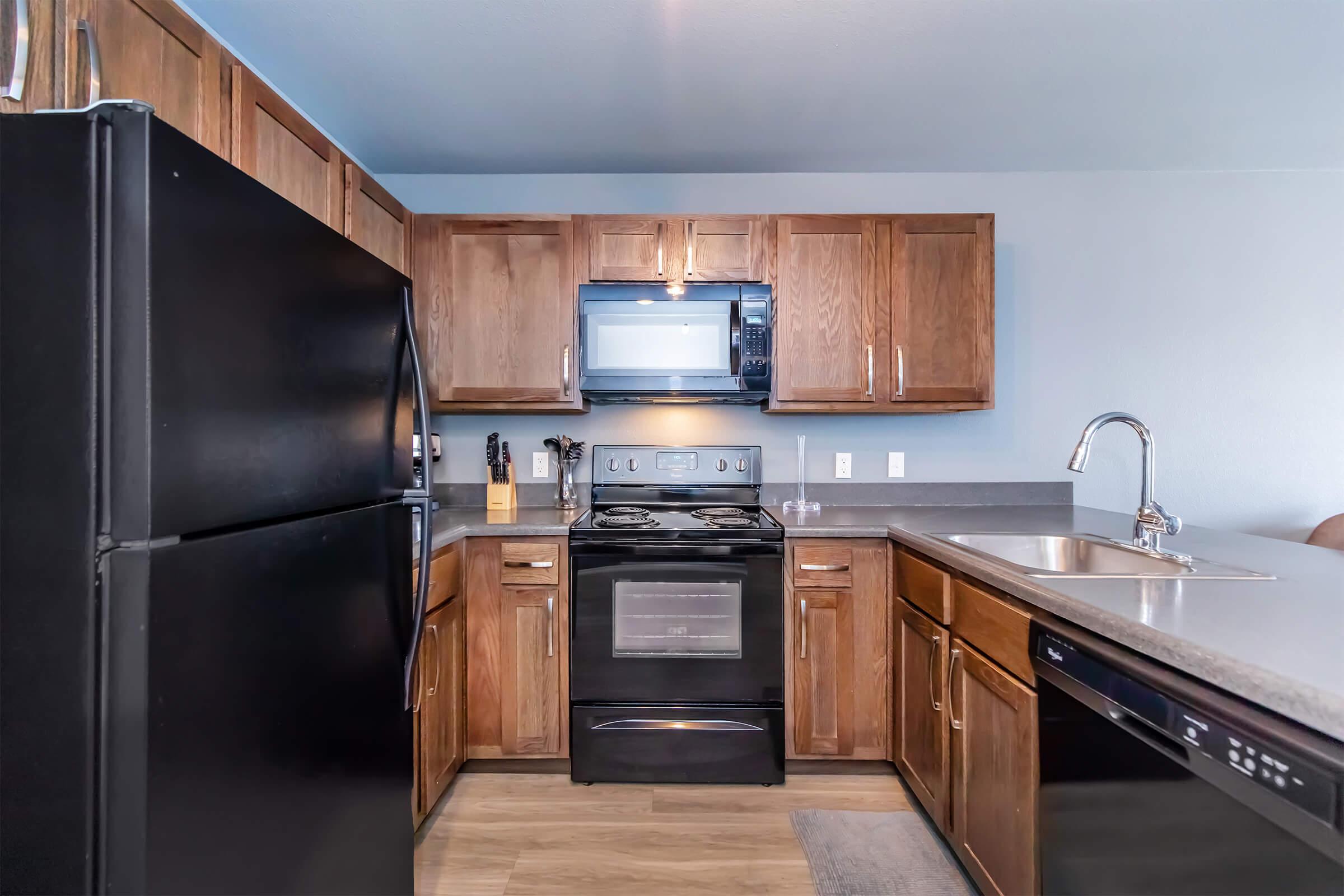 A modern kitchen featuring wooden cabinets, a black refrigerator, an oven and stovetop, a microwave above the stove, and a stainless steel sink. The countertops are gray, and there is a dark dishwasher visible. The walls are painted a light blue, creating a bright and inviting atmosphere.