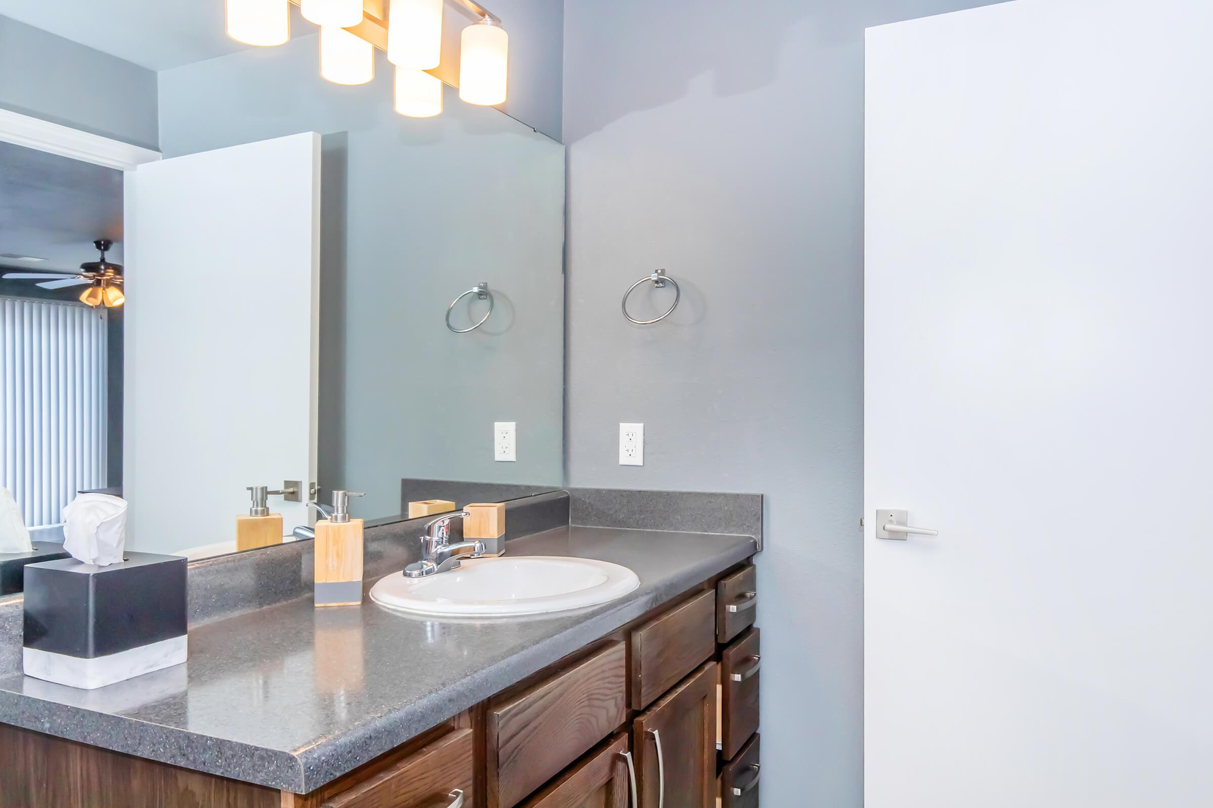 A modern bathroom with a gray theme featuring a dark wooden vanity, a white sink, and decorative items like a tissue box and soap dispenser. The wall has a large mirror above the sink and a door leading to another room is visible. Soft lighting from a ceiling fixture enhances the ambience.