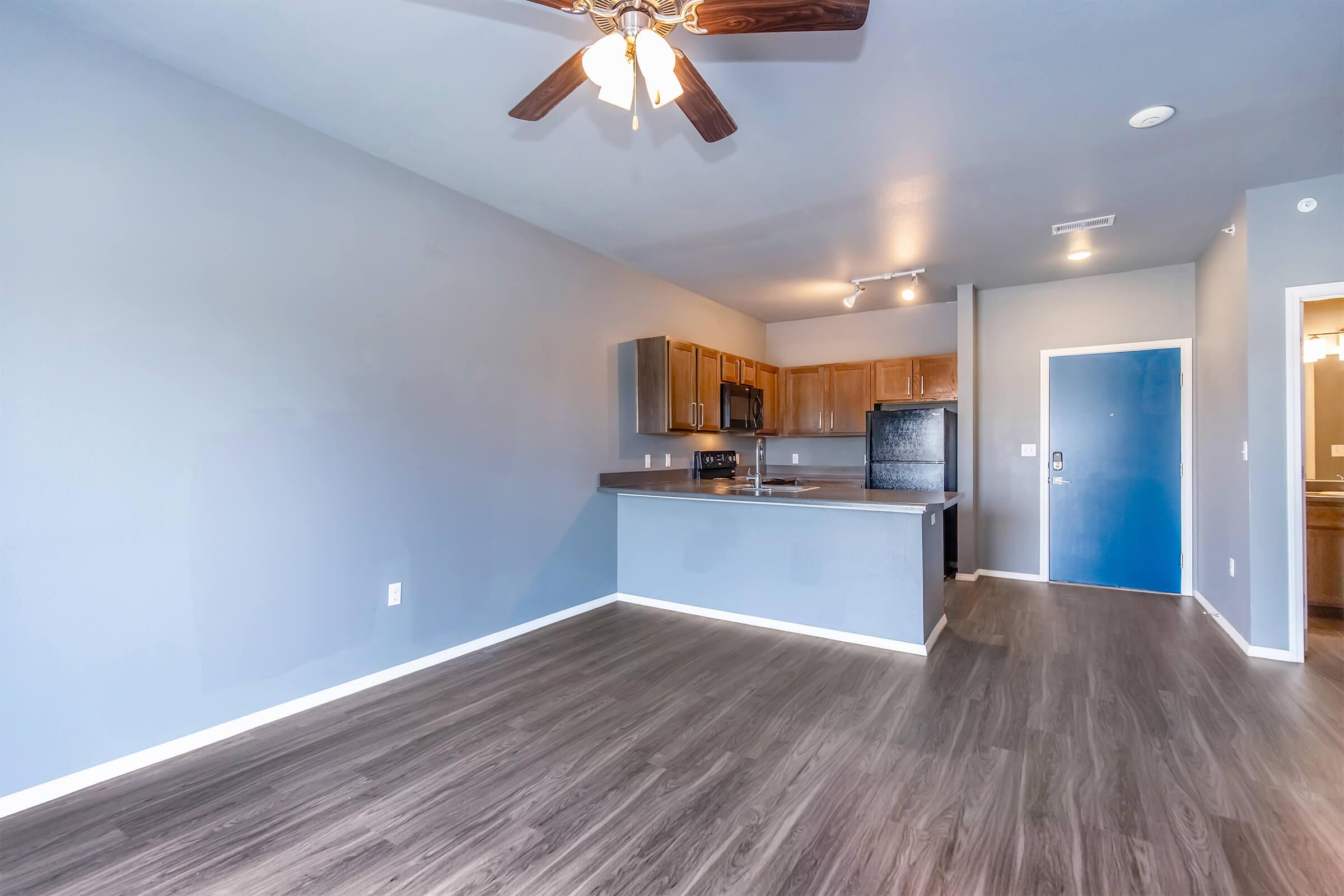 Spacious apartment interior featuring a modern kitchen with wooden cabinets, stainless steel appliances, and a dark countertop. The living area has light gray walls and a ceiling fan, with large windows and durable flooring. A blue front door is visible, enhancing the inviting atmosphere.