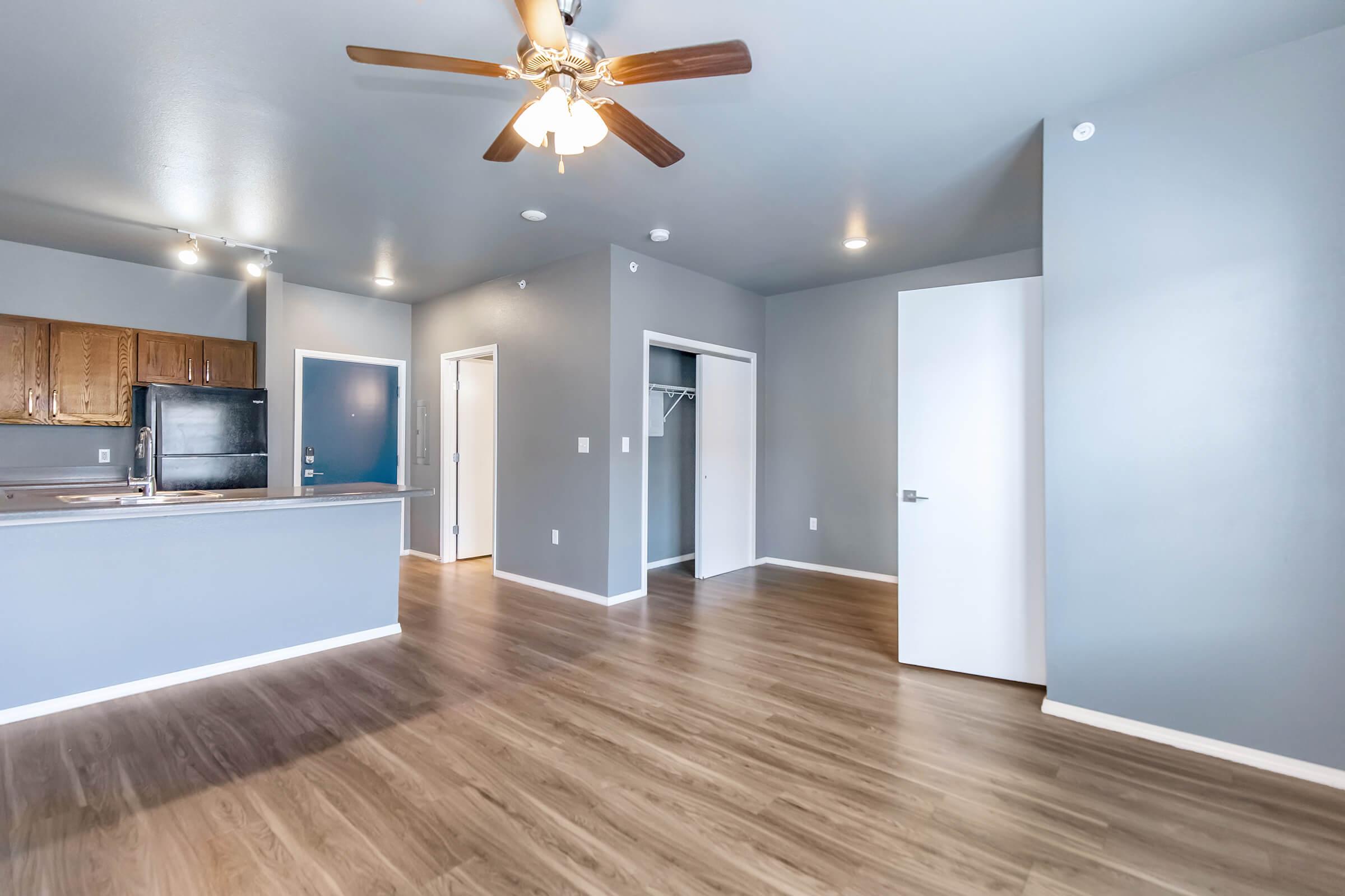 Spacious living area of an apartment featuring a ceiling fan, hardwood-style flooring, grey walls, and an open kitchen space. The kitchen has wooden cabinets and modern appliances. A door leads to a closet, and another door opens to a bathroom area. Natural light illuminates the room, making it feel airy.