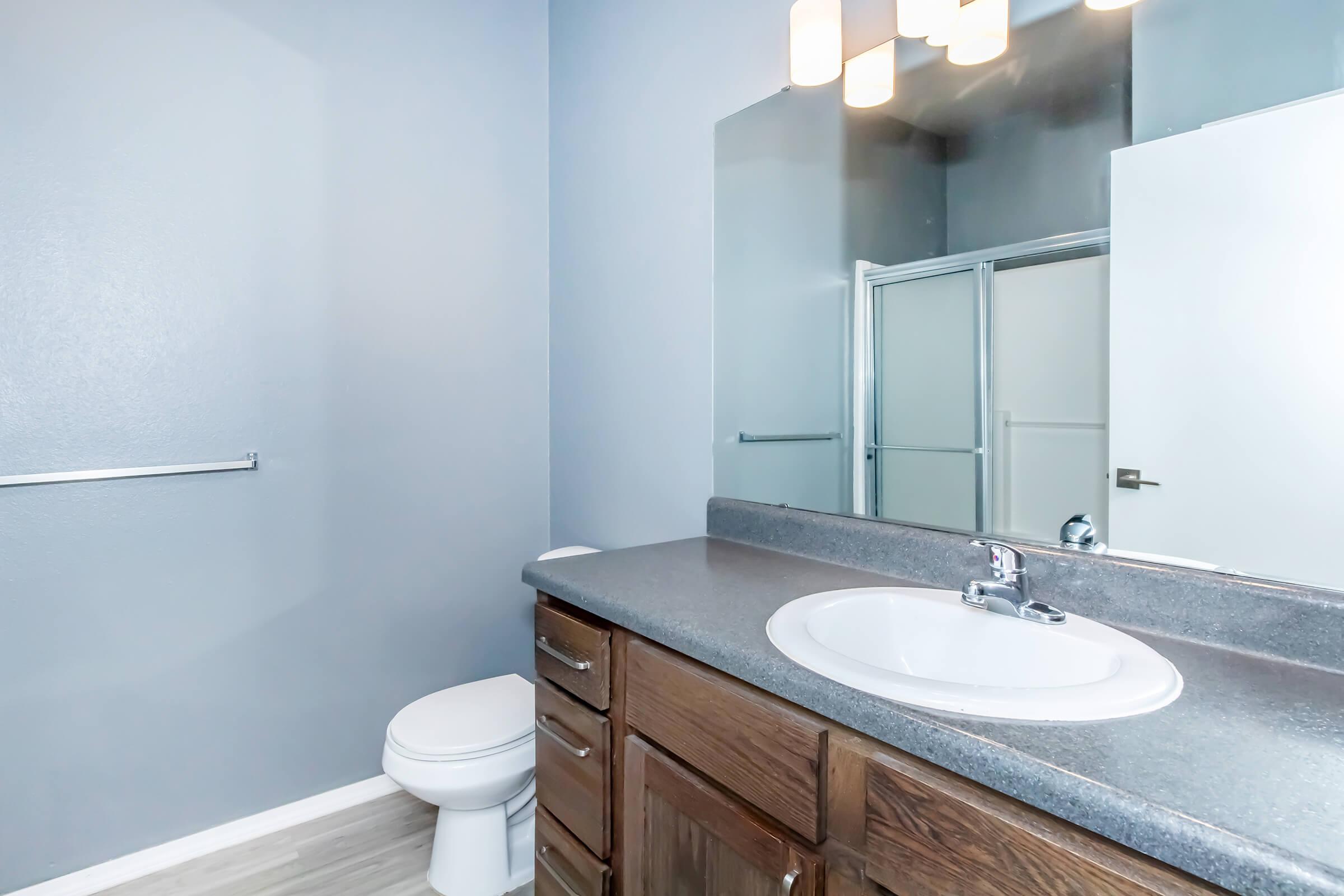 A modern bathroom featuring a light gray wall, a vanity with a sink and wooden cabinets, a round mirror, a toilet, and a separate shower area with a glass door. The space is well-lit with overhead lights.