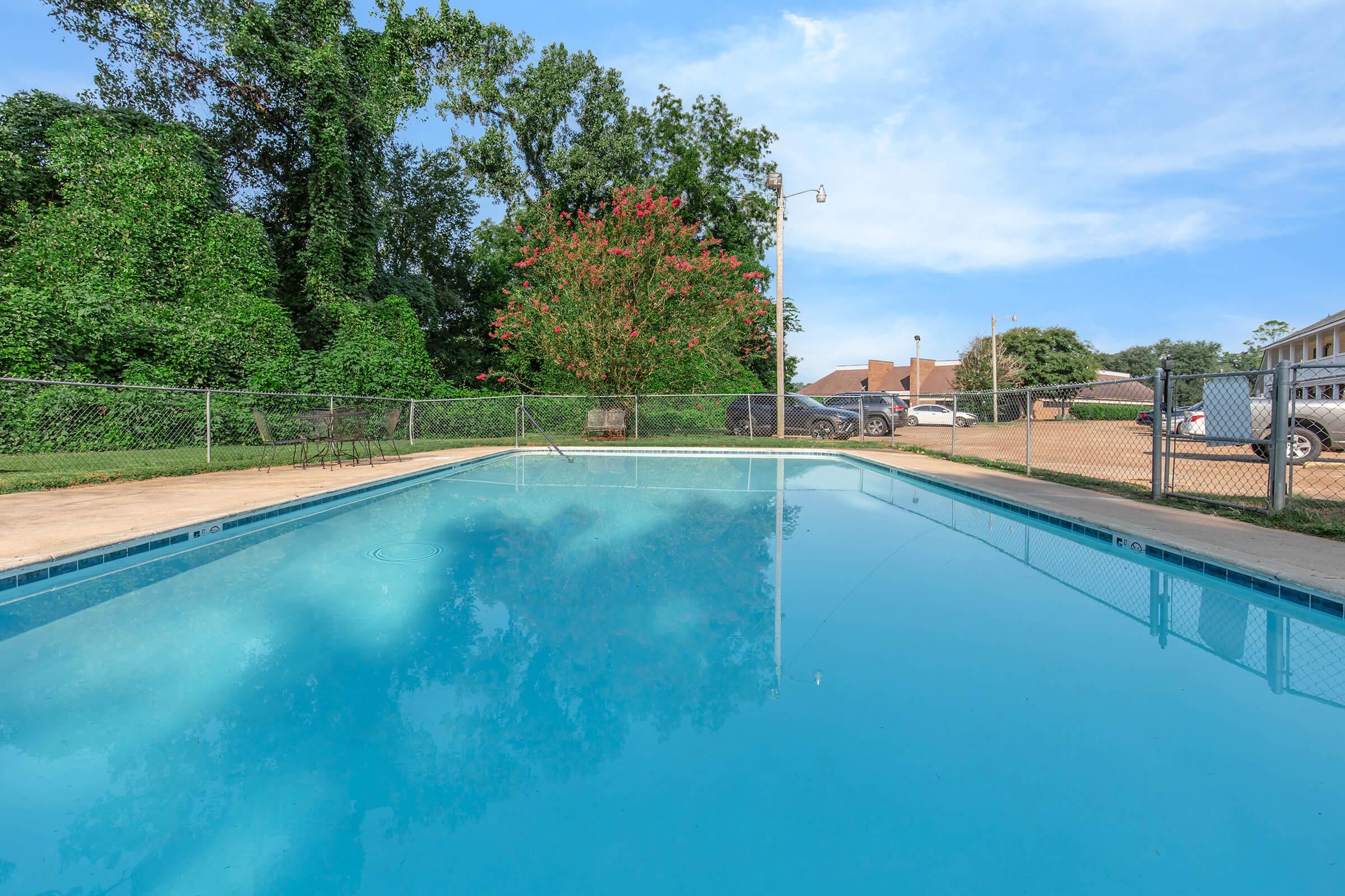 A clear swimming pool surrounded by a fence, with lush green trees and bushes in the background. The sky is bright and blue, and a car can be seen parked nearby. The scene captures a tranquil outdoor space perfect for relaxation.