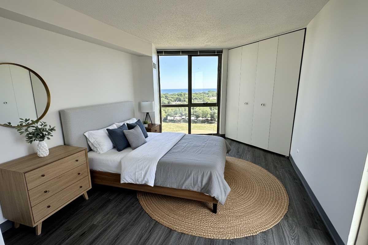 A modern bedroom featuring a bed with gray bedding and decorative pillows, a wooden nightstand with a small plant, a round woven rug, and a large window showing a view of greenery outside. The walls are white, and there is a circular mirror above the nightstand.