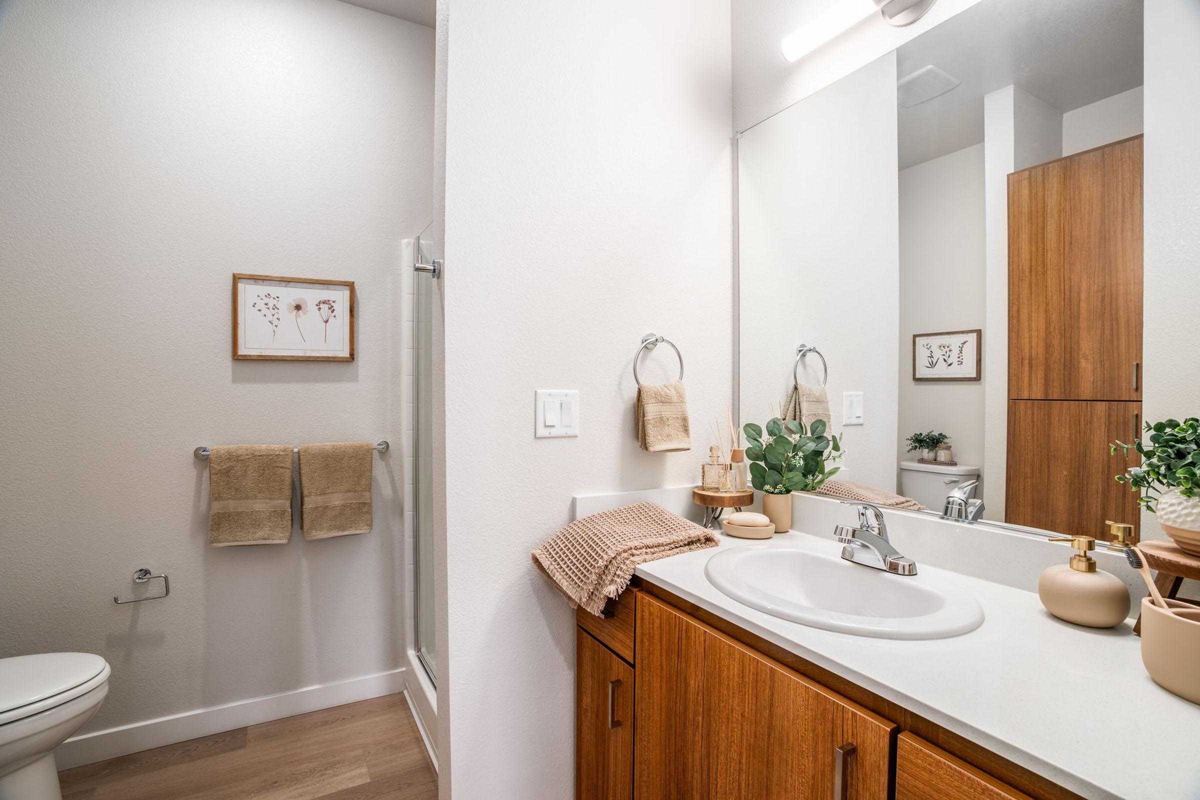 A modern bathroom featuring a shower, toilet, and a wooden vanity with a sink. The walls are light-colored, and there are decorative items like a plant, towels, and framed artwork. Soft lighting illuminates the space, creating a cozy and inviting atmosphere.