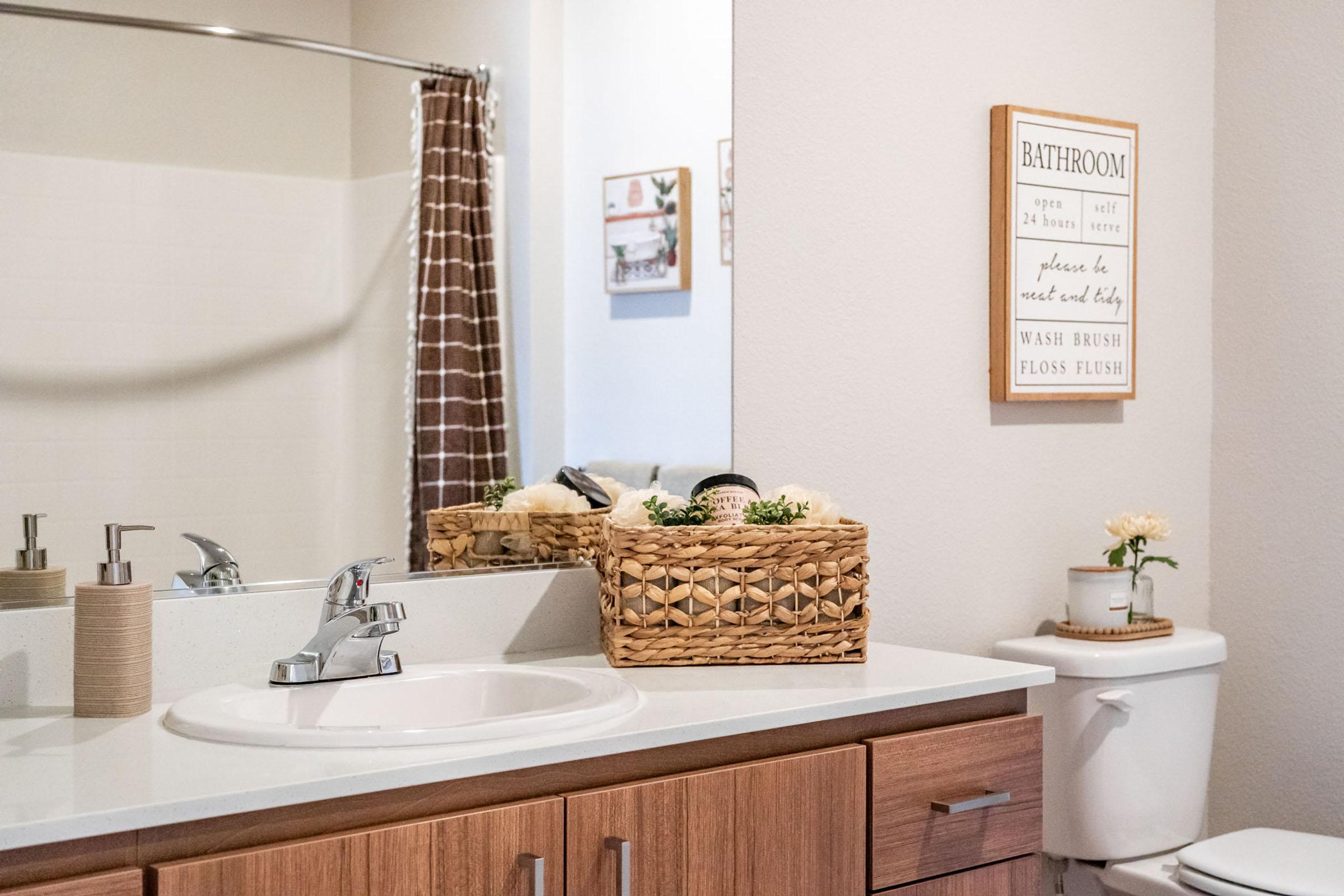 A modern bathroom featuring a sink with a silver faucet, a large mirror, and wooden cabinetry. There's a wicker basket filled with decorative items on the countertop, a framed sign on the wall with bathroom reminders, and a small plant on the toilet tank. A shower curtain is visible in the background.