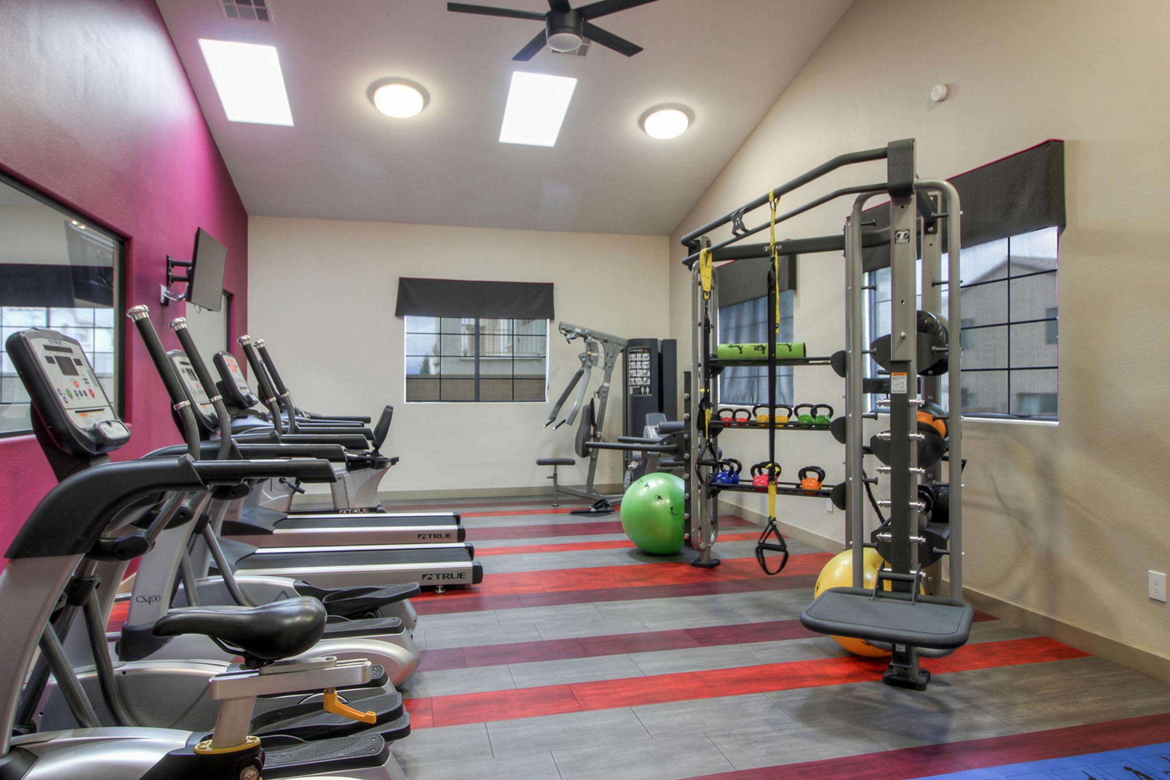 A well-equipped gym with various exercise machines, including treadmills and strength training equipment. The colorful flooring and walls create an inviting atmosphere. Natural light comes through skylights, highlighting a selection of weights and fitness balls neatly arranged in the space.