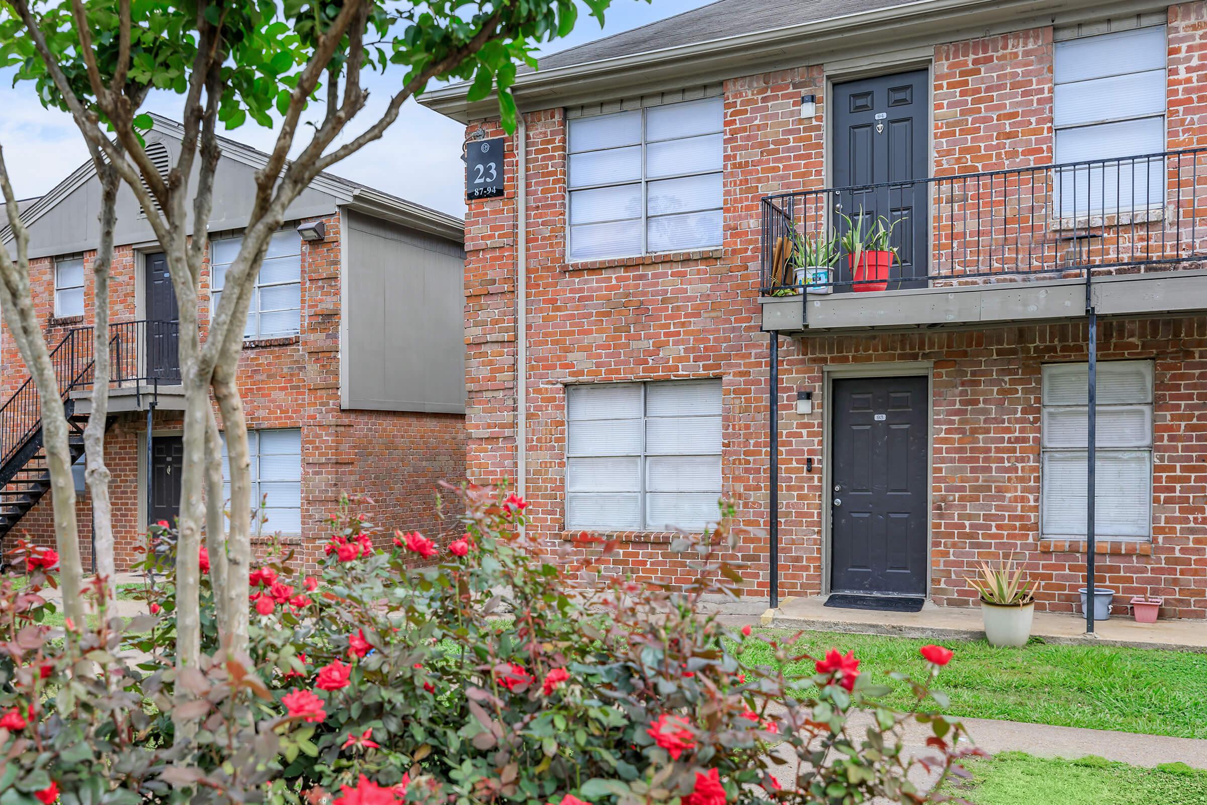 a close up of a flower garden in front of a brick building