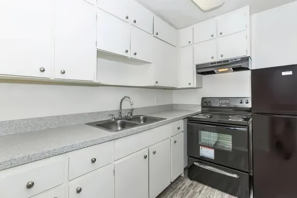 A modern kitchen featuring white cabinetry with silver pulls, a double sink, a black stove, and an overhead exhaust fan. The countertop is gray, and there is a black refrigerator against the wall. The space is well-lit and has a clean, minimalist design.