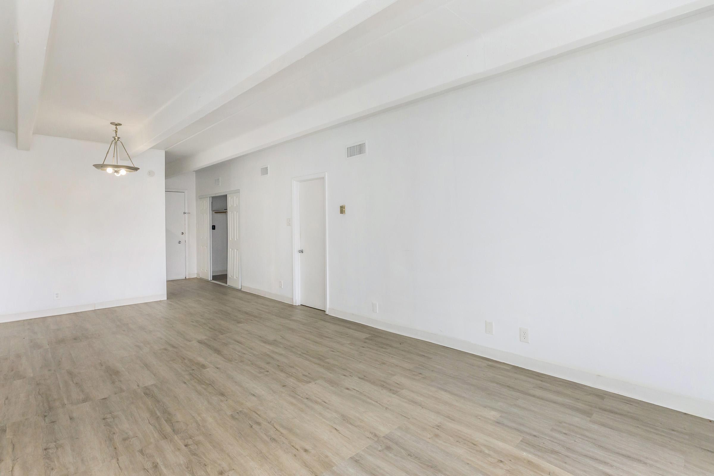 A spacious, empty room featuring light-colored wooden flooring, white walls, and a ceiling light fixture. There are doors on the left leading to other areas, creating an open and uncluttered atmosphere, suitable for various uses like a living or dining space.