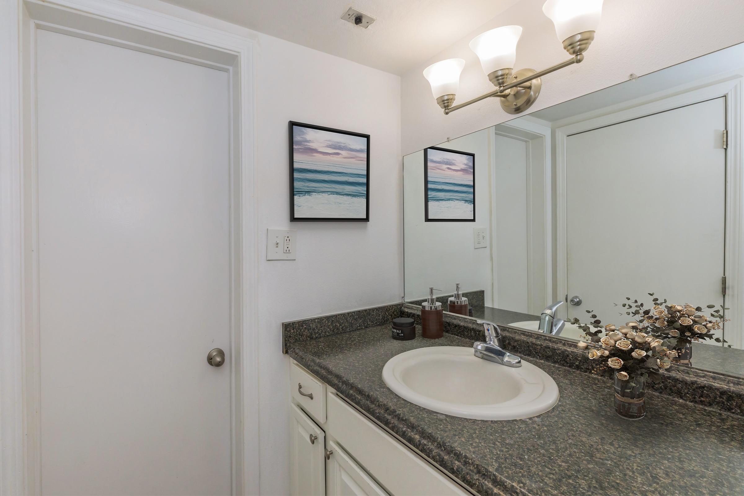 A clean bathroom featuring a neutral-toned countertop with a sink, a light fixture with three bulbs above a mirror, and two framed beach-themed pictures on the wall. A closed door and a decorative vase with dried flowers are also visible, creating a serene and tidy atmosphere.
