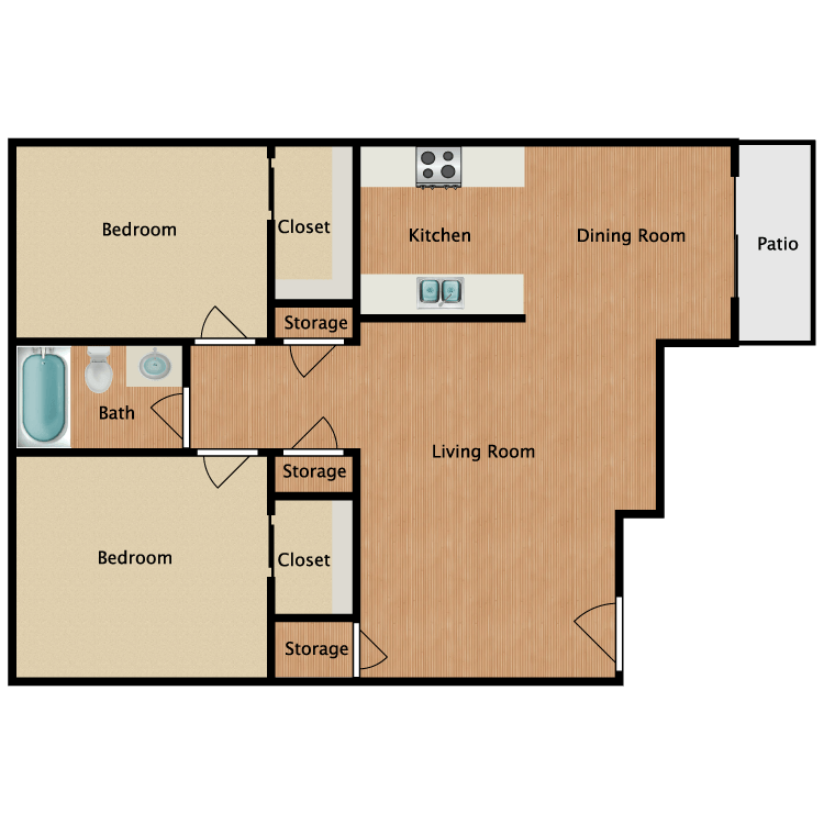 2 Bed 1 Bath floor plan image