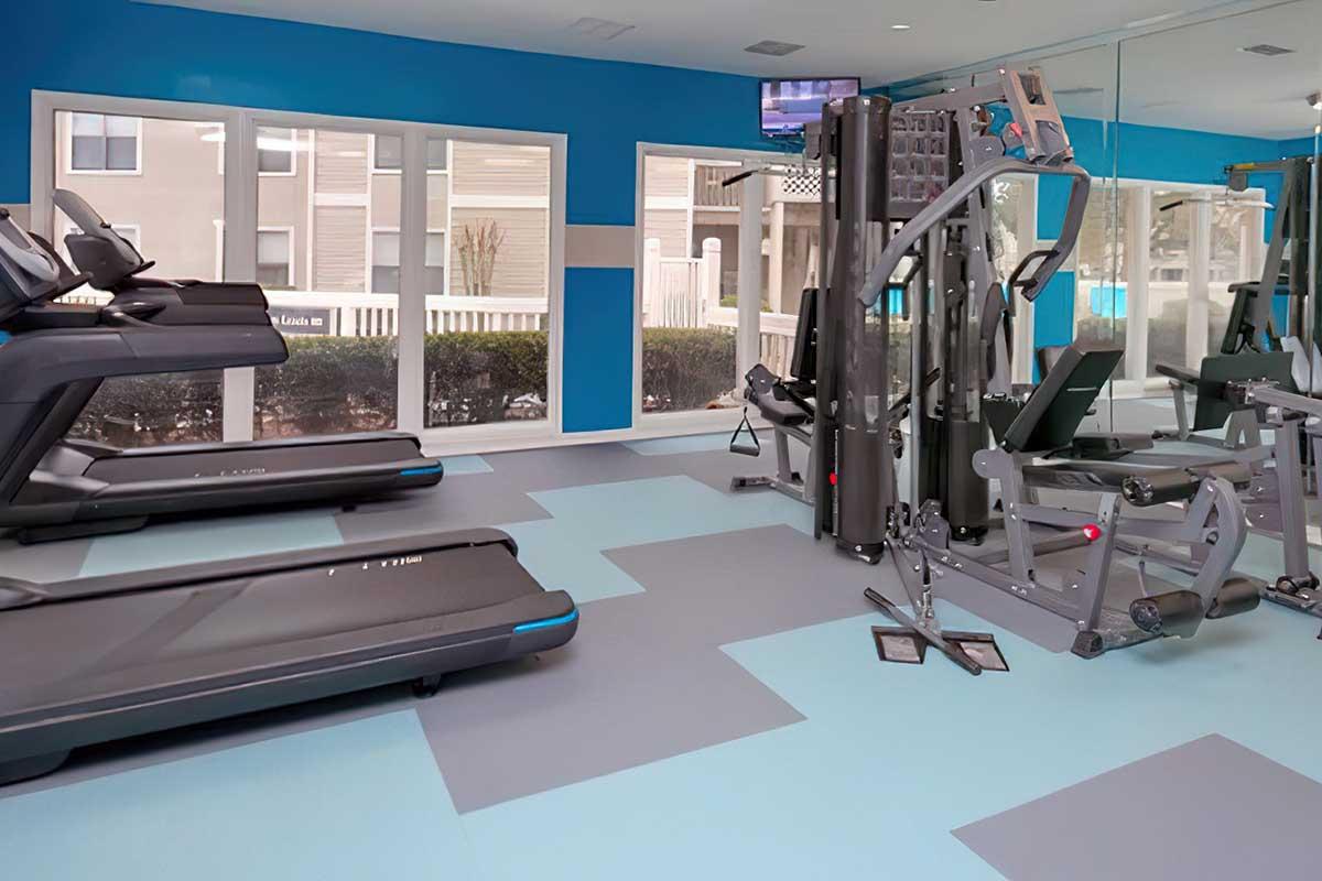 A modern gym interior featuring two treadmills and a multi-gym exercise machine. The walls are painted blue, and large windows let in natural light, offering a view of the outdoors. The flooring consists of gray and blue tiles, creating a clean and inviting workout space. A television is mounted on the wall.