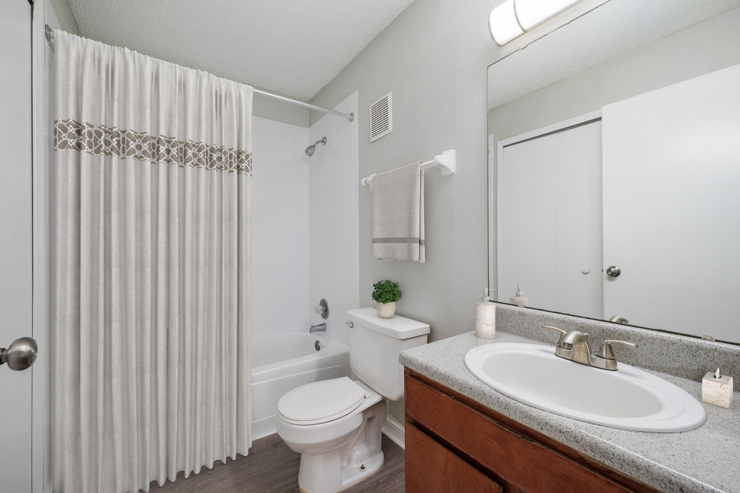A clean and modern bathroom featuring a bathtub with a shower curtain, a toilet, a sink with a faucet, a decorative plant, and a mirror above the sink. The walls are painted light gray, and there are wooden cabinets under the sink. The space is well-lit and tidy, creating a fresh ambiance.