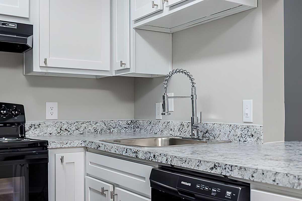 Modern kitchen corner featuring white cabinetry, a granite countertop with a stainless steel sink, and a sleek faucet. Includes a black stove and a black dishwasher beneath the counter. The walls are painted light gray, providing a contemporary and clean aesthetic.