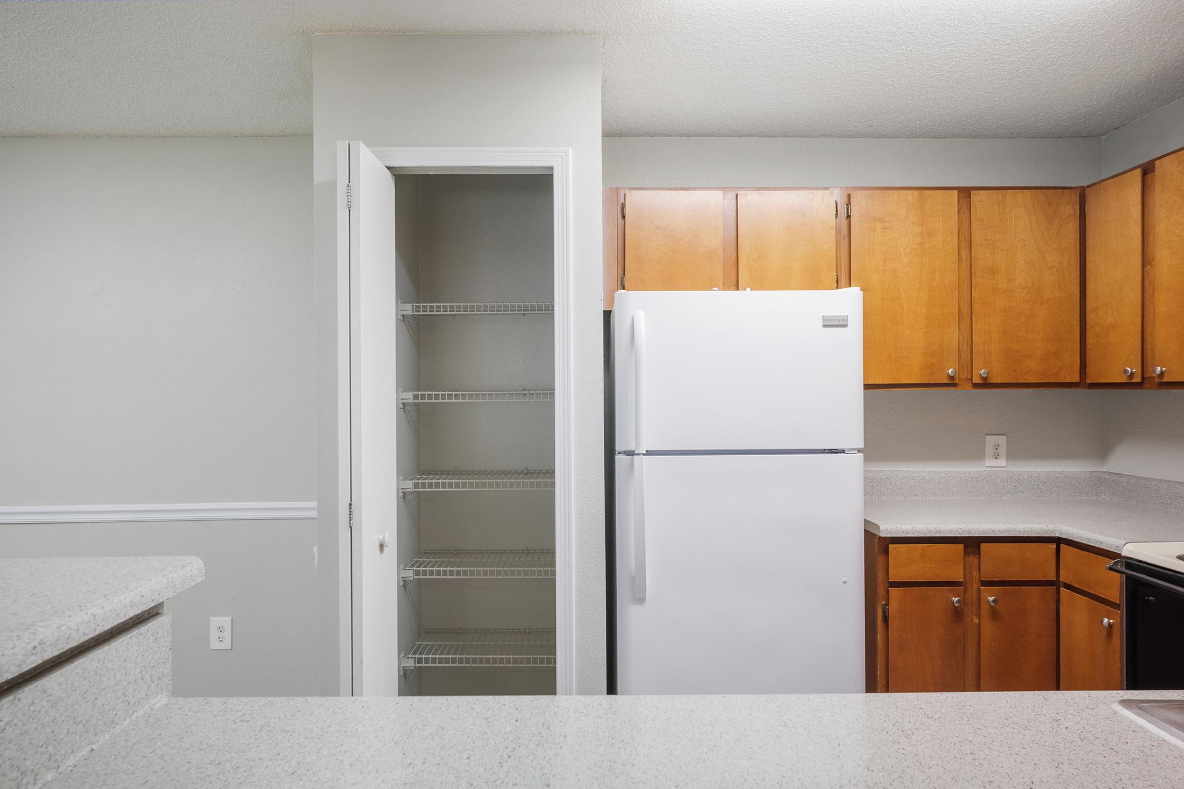 Modern kitchen featuring a white refrigerator, wooden cabinets, and granite countertops. A pantry door is visible to the left, with shelves inside. The overall color scheme is neutral, with light walls and a clean, organized appearance.