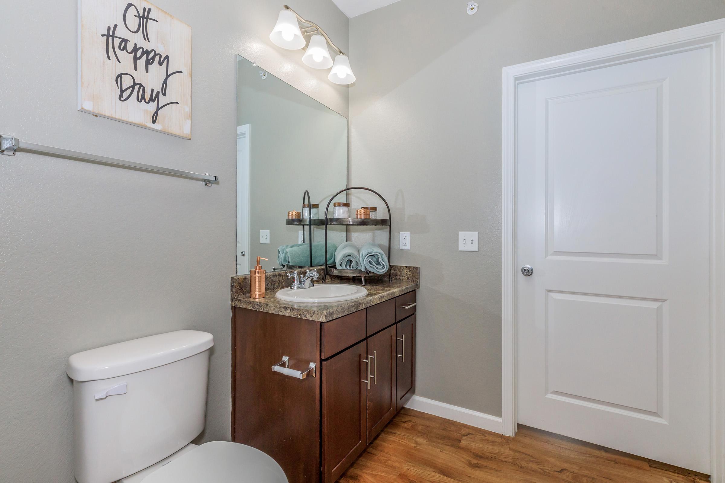 Modern bathroom featuring a white toilet, a stylish vanity with a granite countertop, and a round mirror. On the vanity, there are neatly arranged towels and decorative items. A wall sign reads "Oh Happy Day." The walls are painted in a soft gray, and the floor has a warm wood finish.