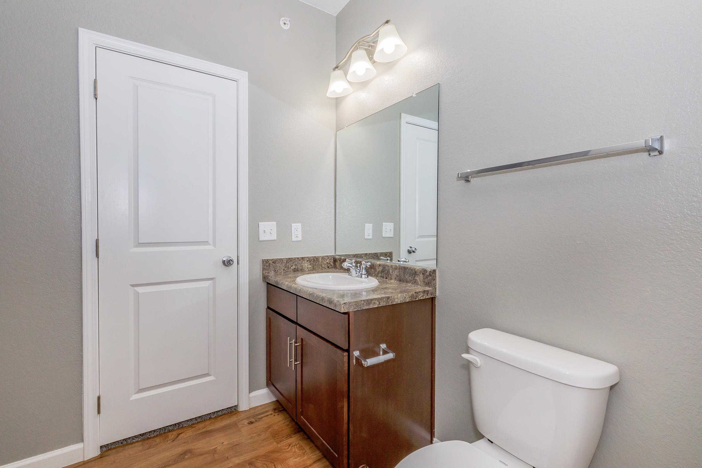 A modern bathroom featuring a single sink with a granite countertop, a large mirror above the sink, a neatly arranged towel rack, and a white toilet. The walls are painted in a light gray color, and the floor has wood-like tiles, creating a clean and contemporary look. A door leads to another area.