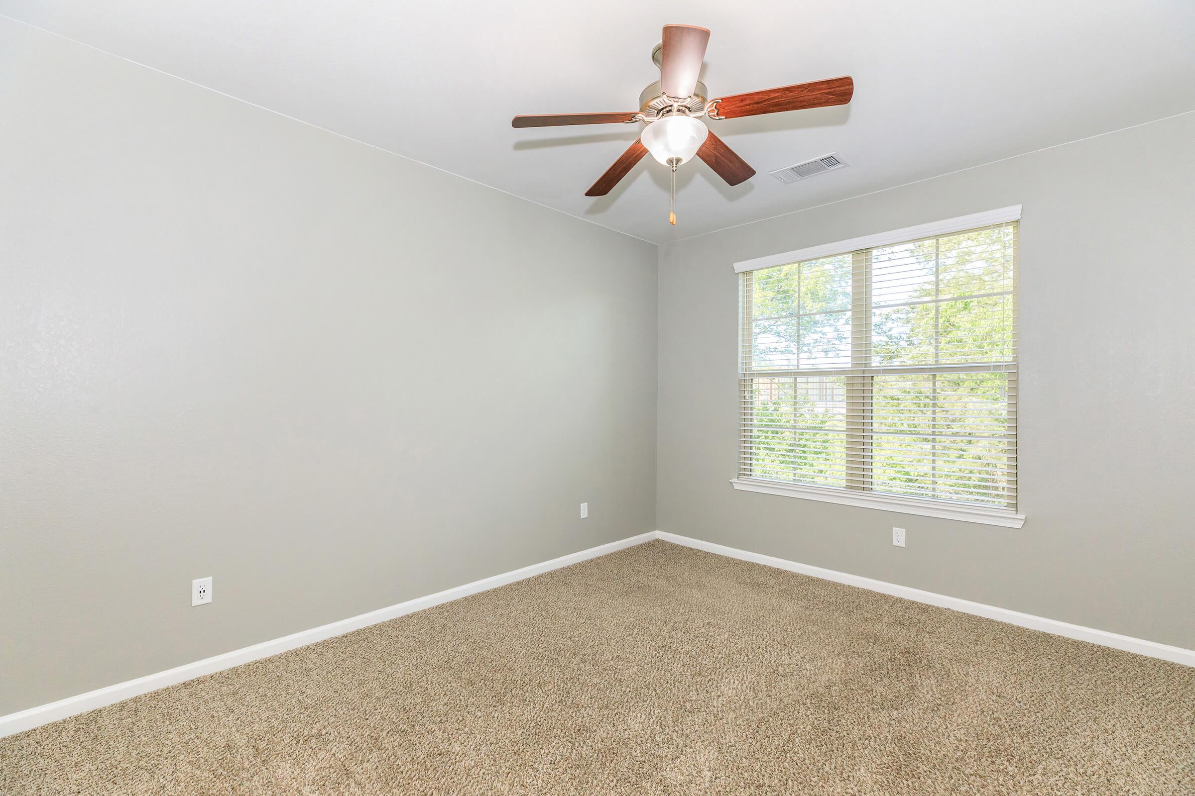 A spacious, vacant room with light gray walls and a ceiling fan. The floor is carpeted in a neutral shade, and there is a large window with blinds allowing natural light to enter, highlighting the fresh and clean ambiance of the space.