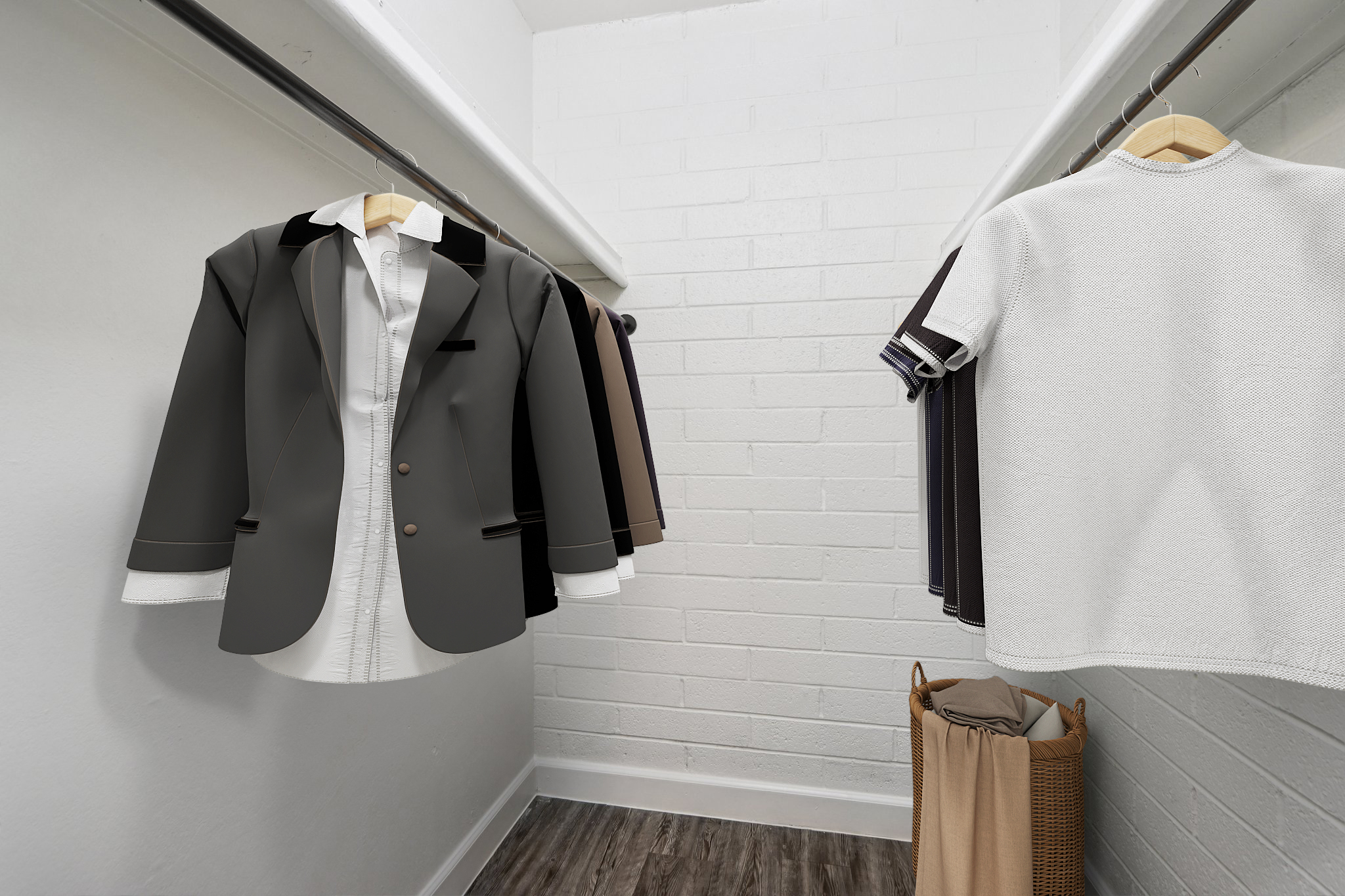 A neatly organized closet featuring a variety of clothing items. On the left, a gray suit jacket hangs next to several other jackets in different colors. On the right, a white short-sleeved shirt is displayed. A wicker basket sits on the floor, adding a touch of warmth to the space.