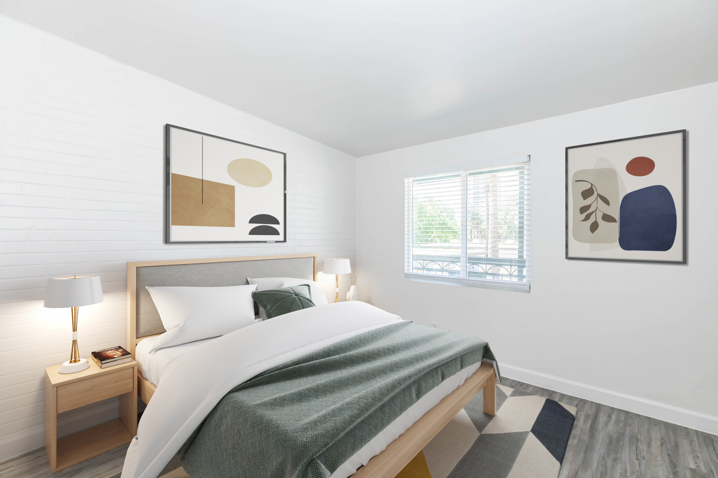 A cozy bedroom featuring a comfortable bed with white linens, a gray headboard, and decorative pillows. The room is decorated with abstract artwork on light-colored walls and has a window with blinds, allowing natural light. Complemented by a nightstand with a lamp, the space exudes a minimalist and modern aesthetic.