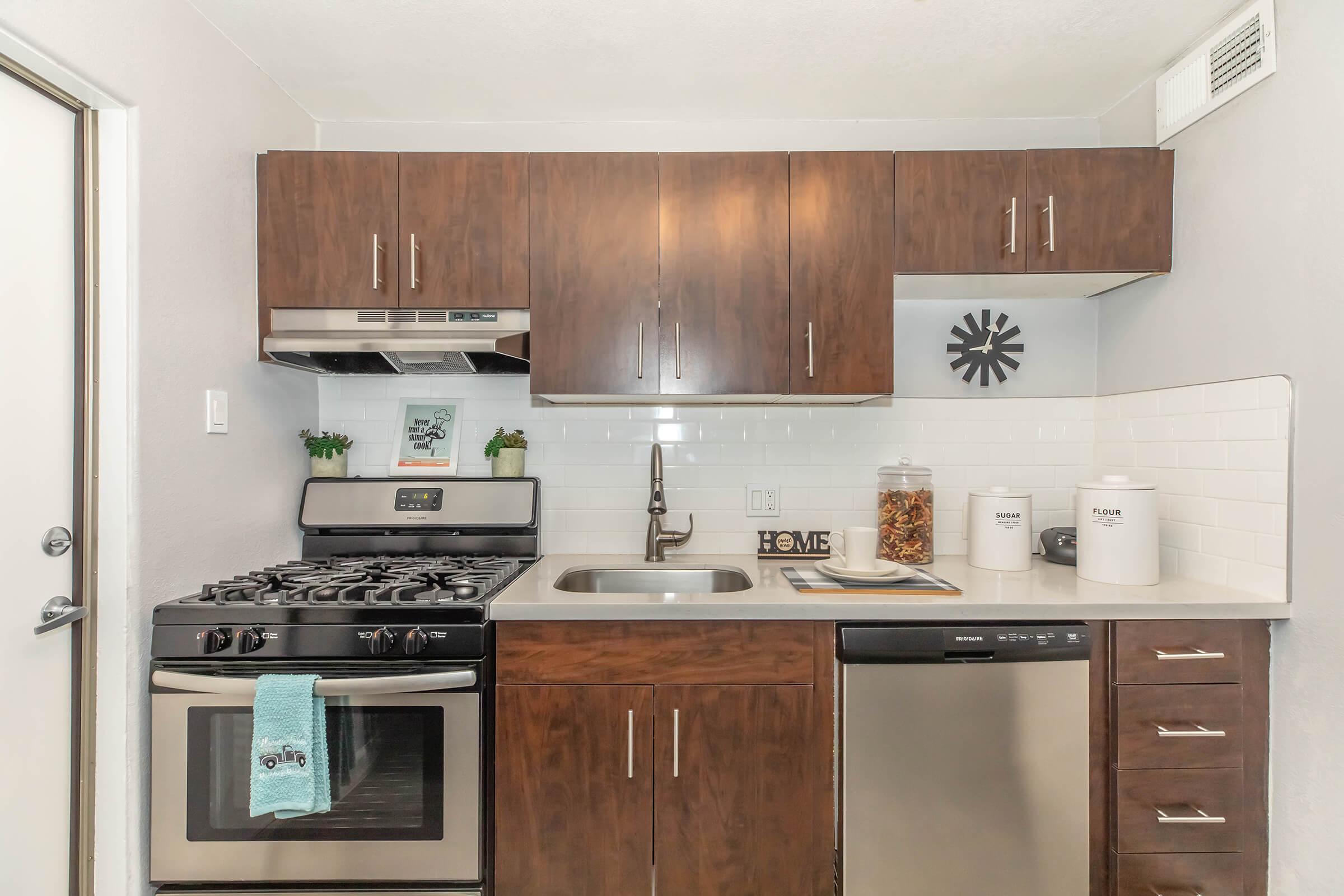 A modern kitchen featuring dark wood cabinets, a stainless steel gas stove, and a sink. The countertop is light, with decorative items like a clock and storage jars. A dishwasher is also visible, alongside a door leading to an exterior space. The overall design is clean and contemporary.