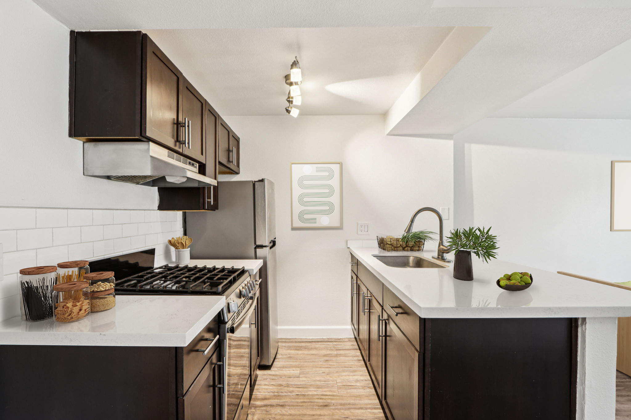 Modern kitchen with dark wood cabinetry, stainless steel appliances, and white countertops. Features an oven and a gas stove, along with a sink and a small decorative plant. A minimalist wall art piece is visible, adding a touch of color to the light-filled space.