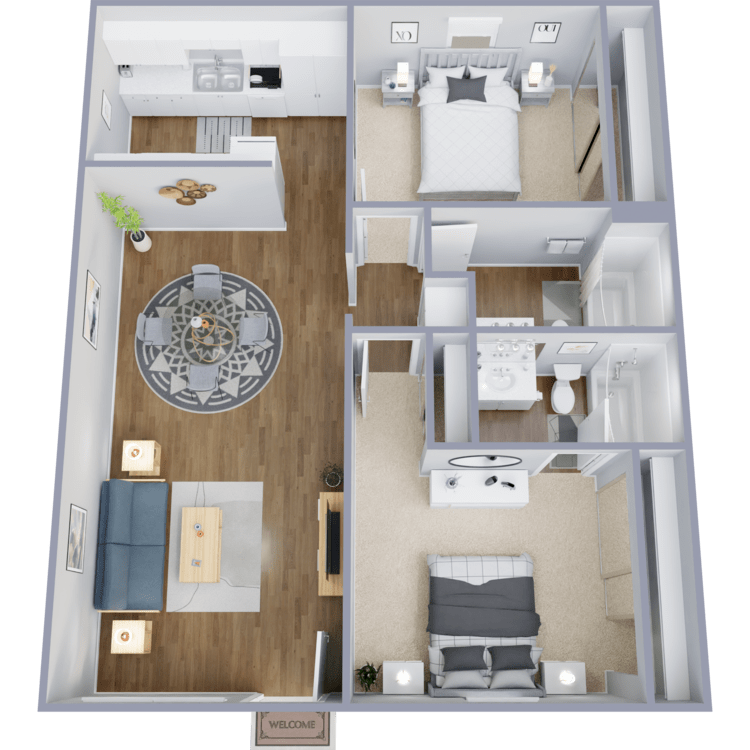Plan D, a 2 bedroom 2 bathroom floor plan.