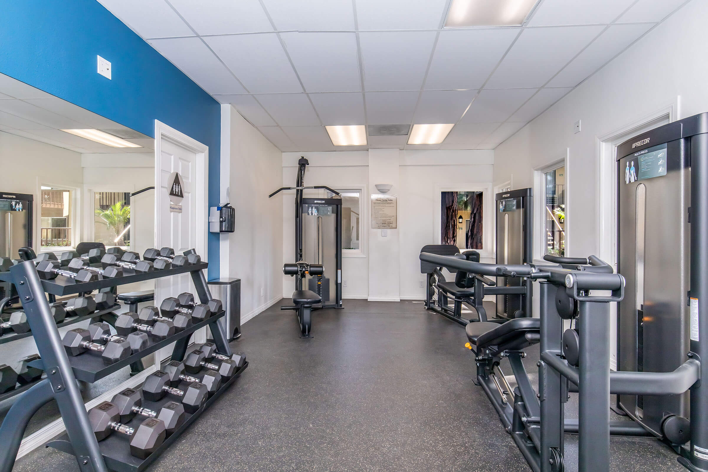 A well-lit gym space featuring various exercise equipment. There is a rack of dumbbells on the left, multiple weight machines in the center, and a large mirror on the wall. The floor is covered with dark rubber flooring, and the walls are painted in light colors with a blue accent wall.