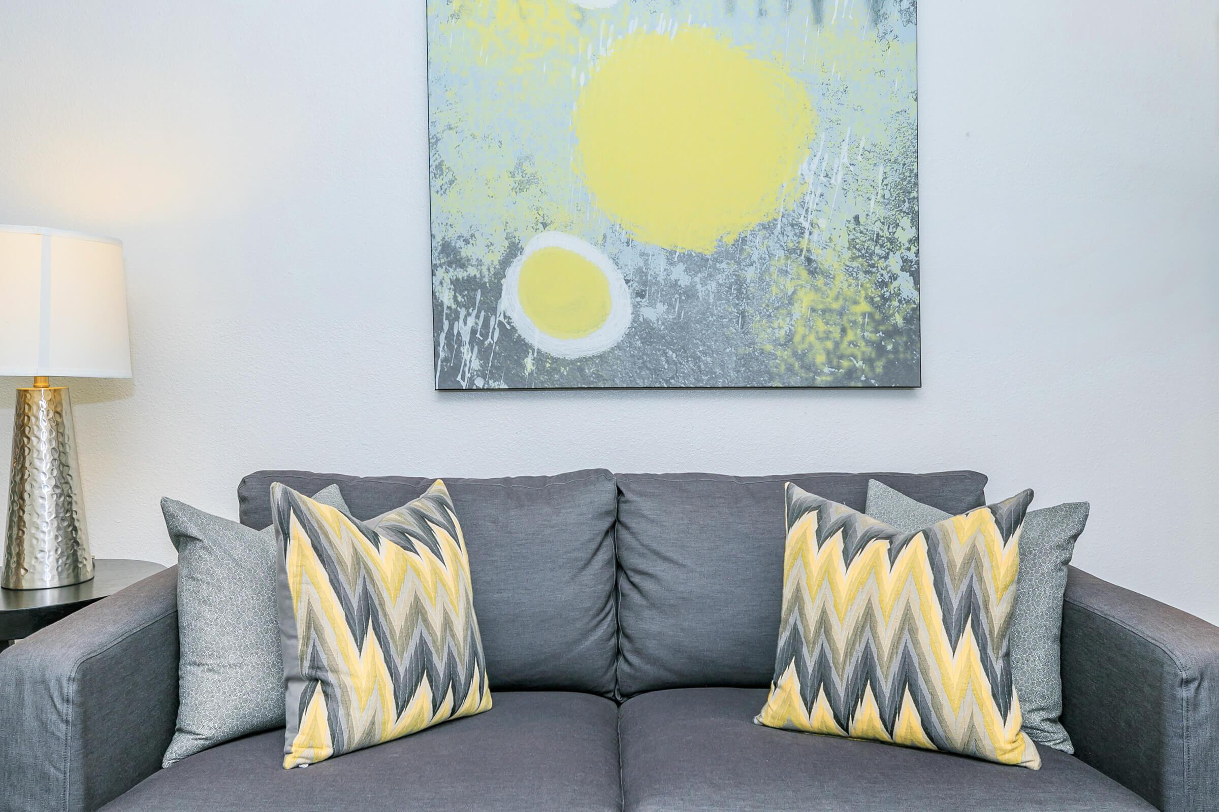 A grey couch with colorful painting in a living room at Rise North Ridge.