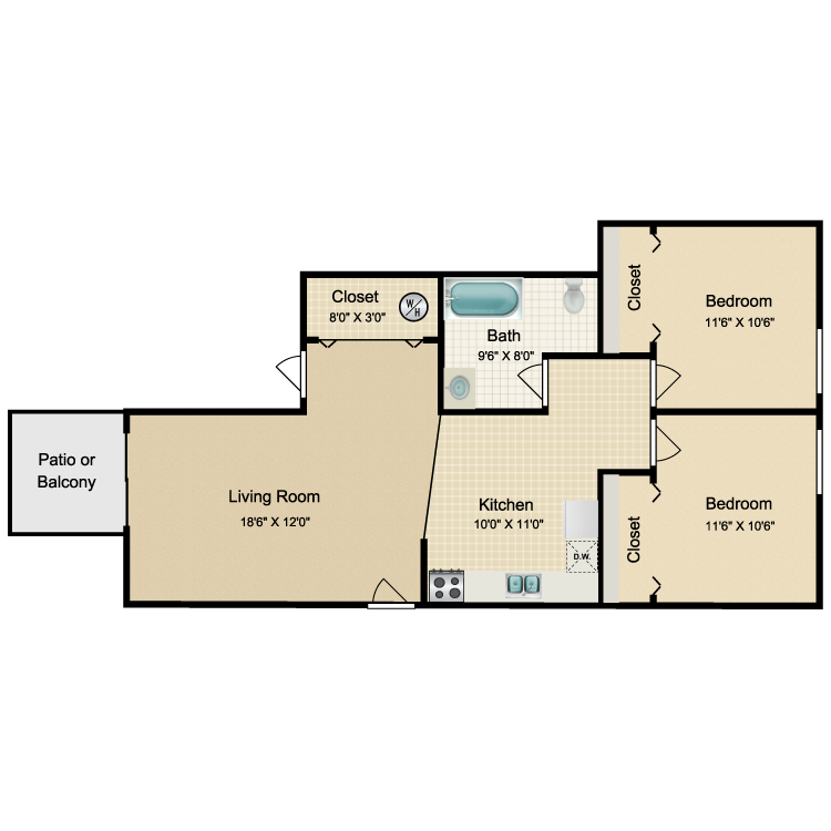Floor plan image of 2 Bed 1 Bath Renovated