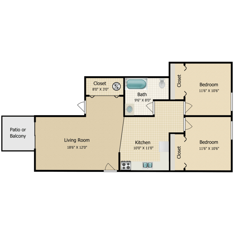 Floor plan image of 2 Bed 1 Bath Standard