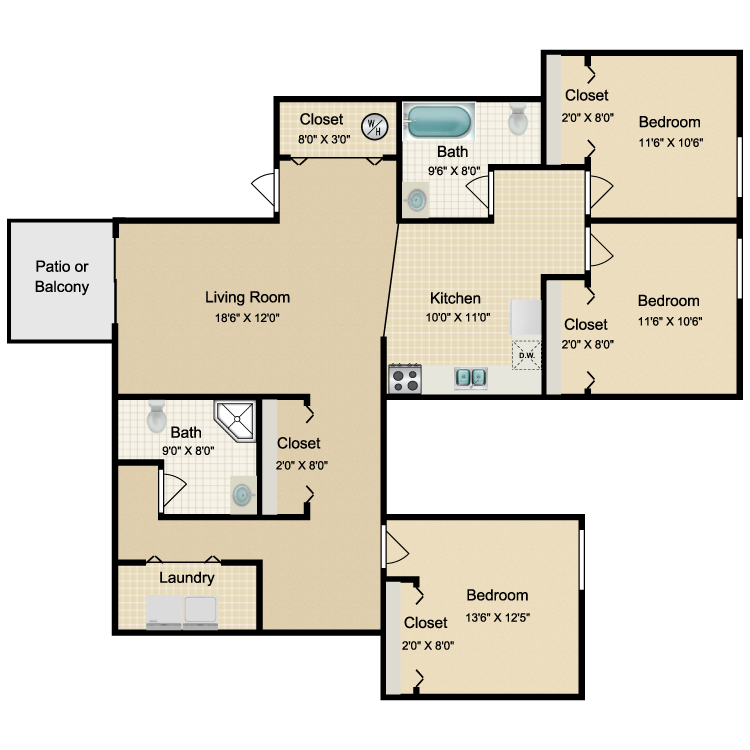 Floor plan image of 3 Bed 2 Bath Renovated