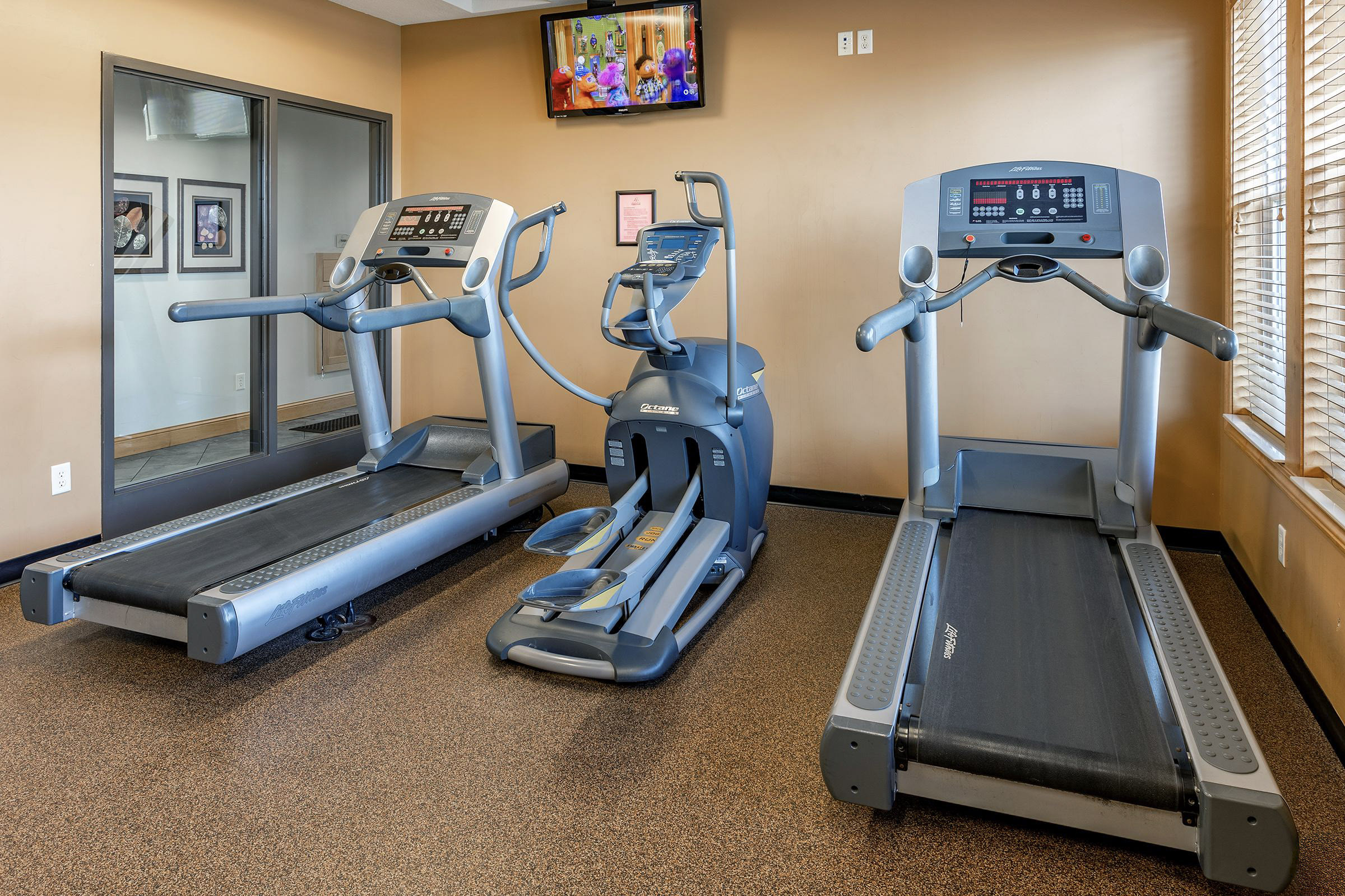 A fitness room featuring three exercise machines: two treadmills and a cross trainer. The machines have digital displays and are positioned on a rubberized floor. A television mounted on the wall shows colorful images, and there are framed pictures in the background. Natural light enters through a window with blinds.