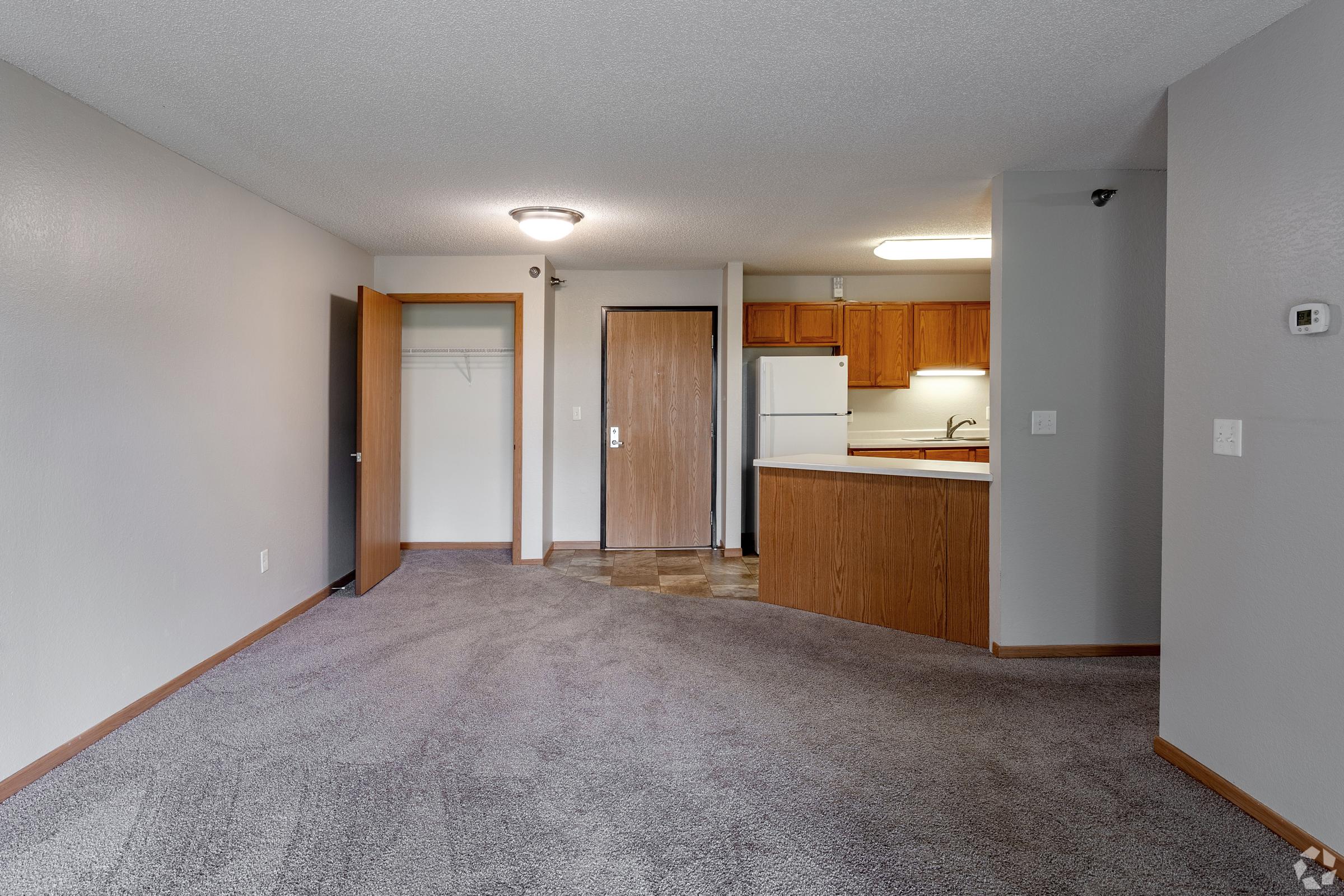 Interior view of a spacious, unfurnished apartment featuring carpeted flooring, a kitchenette with wood cabinets and a refrigerator, and a living area with an open layout. There's a closet with sliding doors visible, along with an entry door and light fixtures illuminating the space.