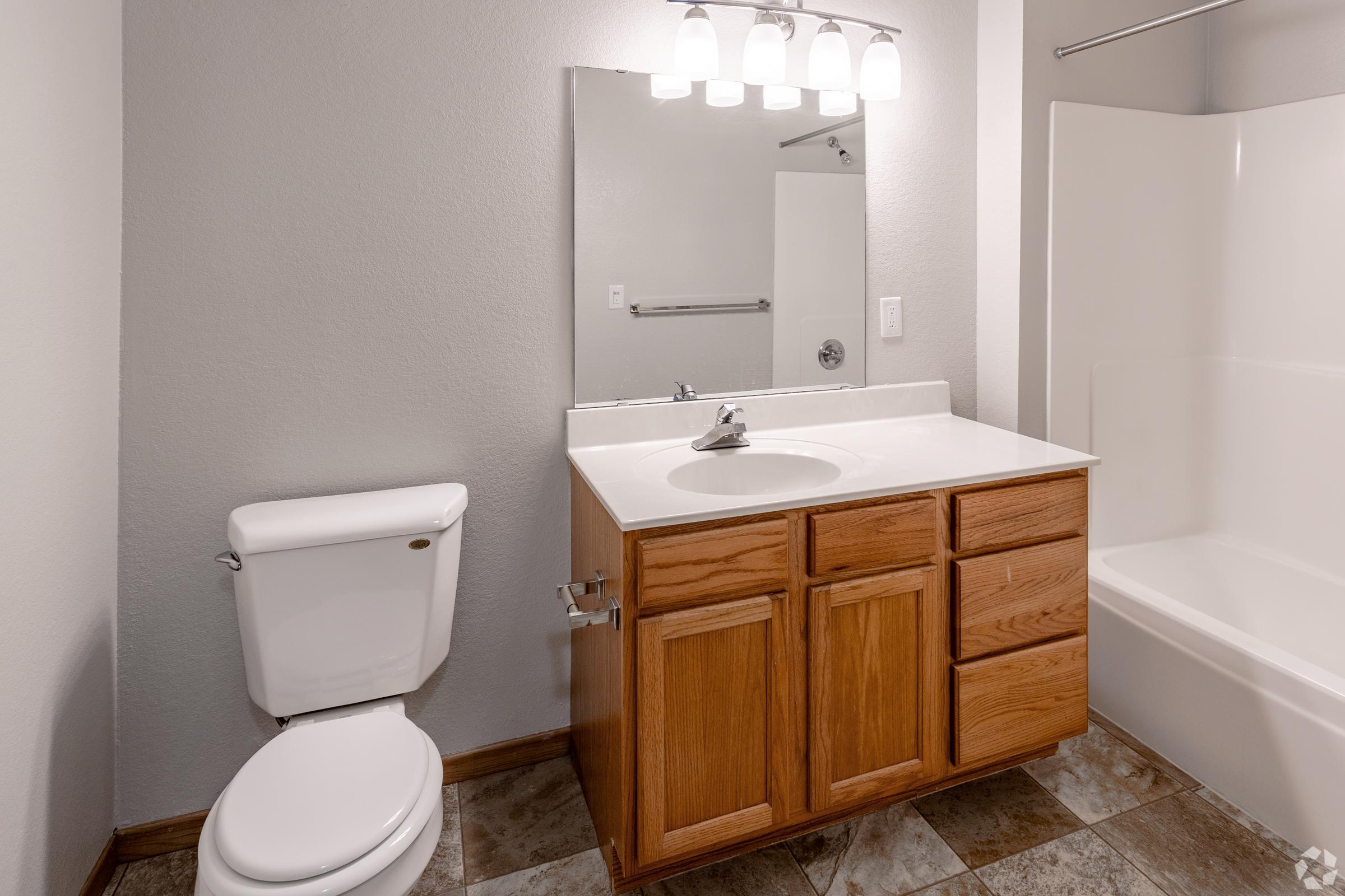 A well-lit bathroom featuring a white toilet, a wooden vanity with sink, and a large mirror. The walls are painted light gray, and the floor is tiled. There is a shower/tub combination in the background, and a towel rack mounted on the wall.
