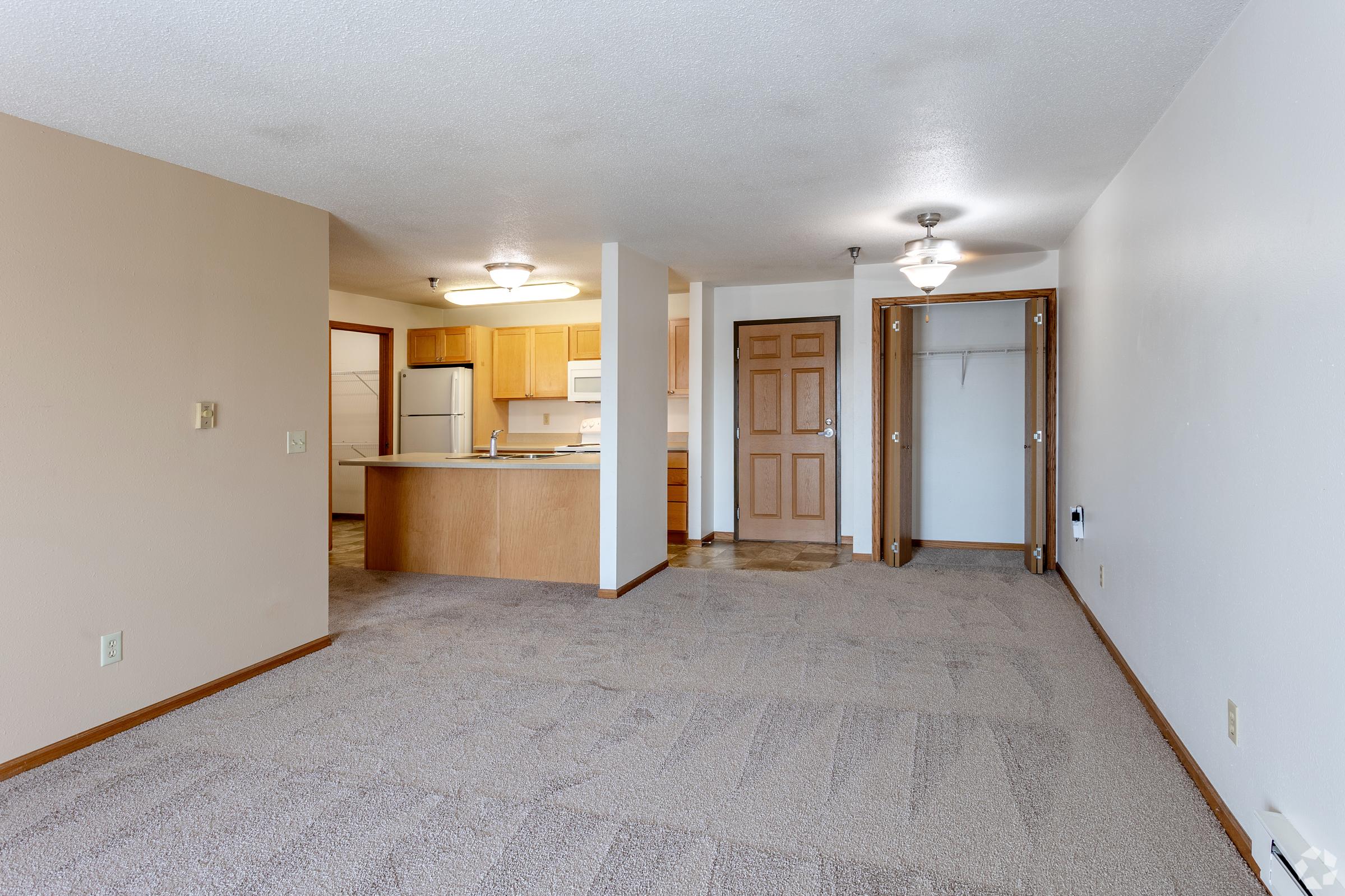 Interior of a spacious, empty apartment showing a living area with light-colored walls and beige carpet. A kitchen area with wooden cabinets is visible to the left, while an open doorway leads to a closet. Bright lighting from ceiling fixtures illuminates the room, creating a welcoming atmosphere.