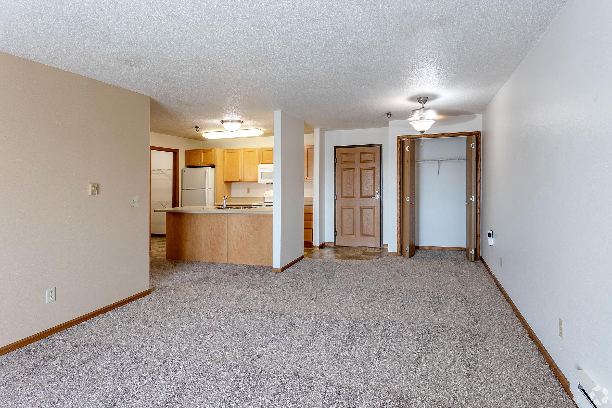 A well-lit, spacious living area featuring beige walls and light gray carpet. To the left, a kitchen area with wooden cabinetry and white appliances is visible. A doorway leads to a closet, while a hallway connects to other rooms. The overall ambiance suggests a cozy, welcoming atmosphere.