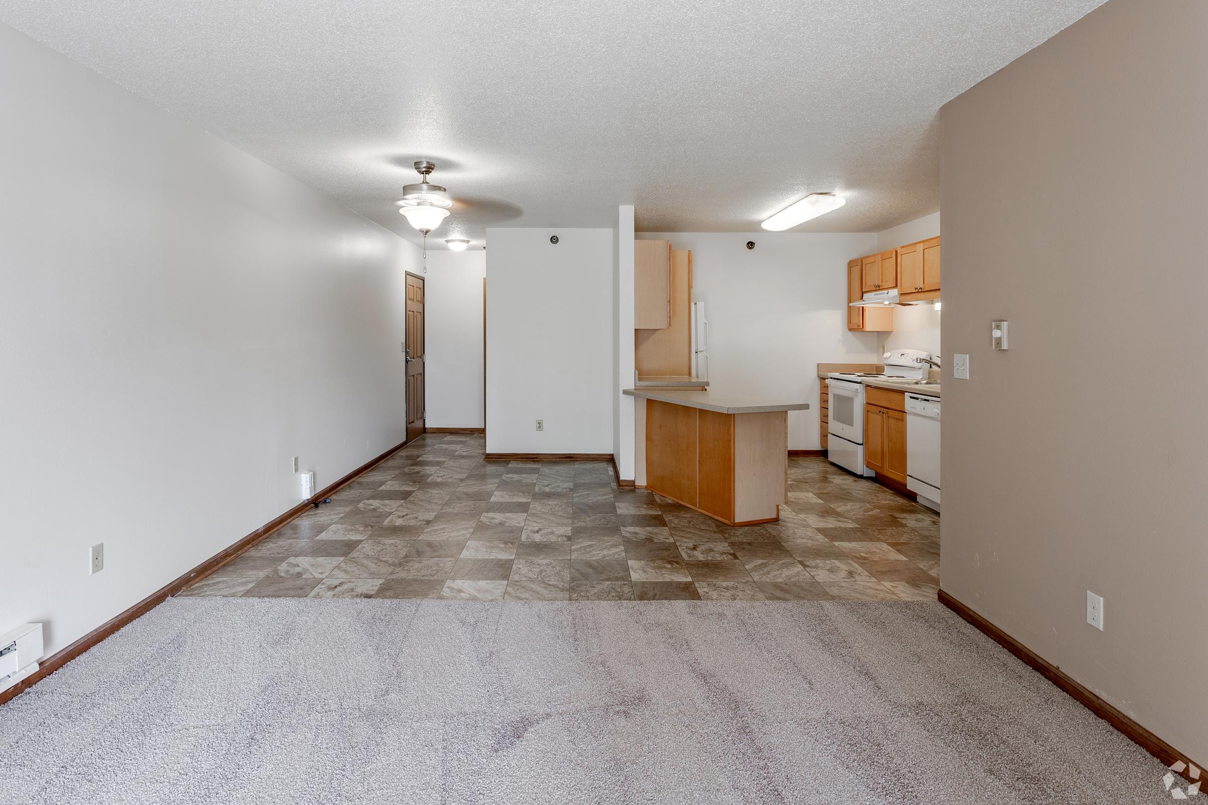 Interior view of a spacious apartment showing an open layout. The room features a light-colored carpet area transitioning to a tiled kitchen area with wooden cabinets, a refrigerator, and a stove. A ceiling fan is visible, and the walls are painted in neutral tones, creating a bright and inviting atmosphere.