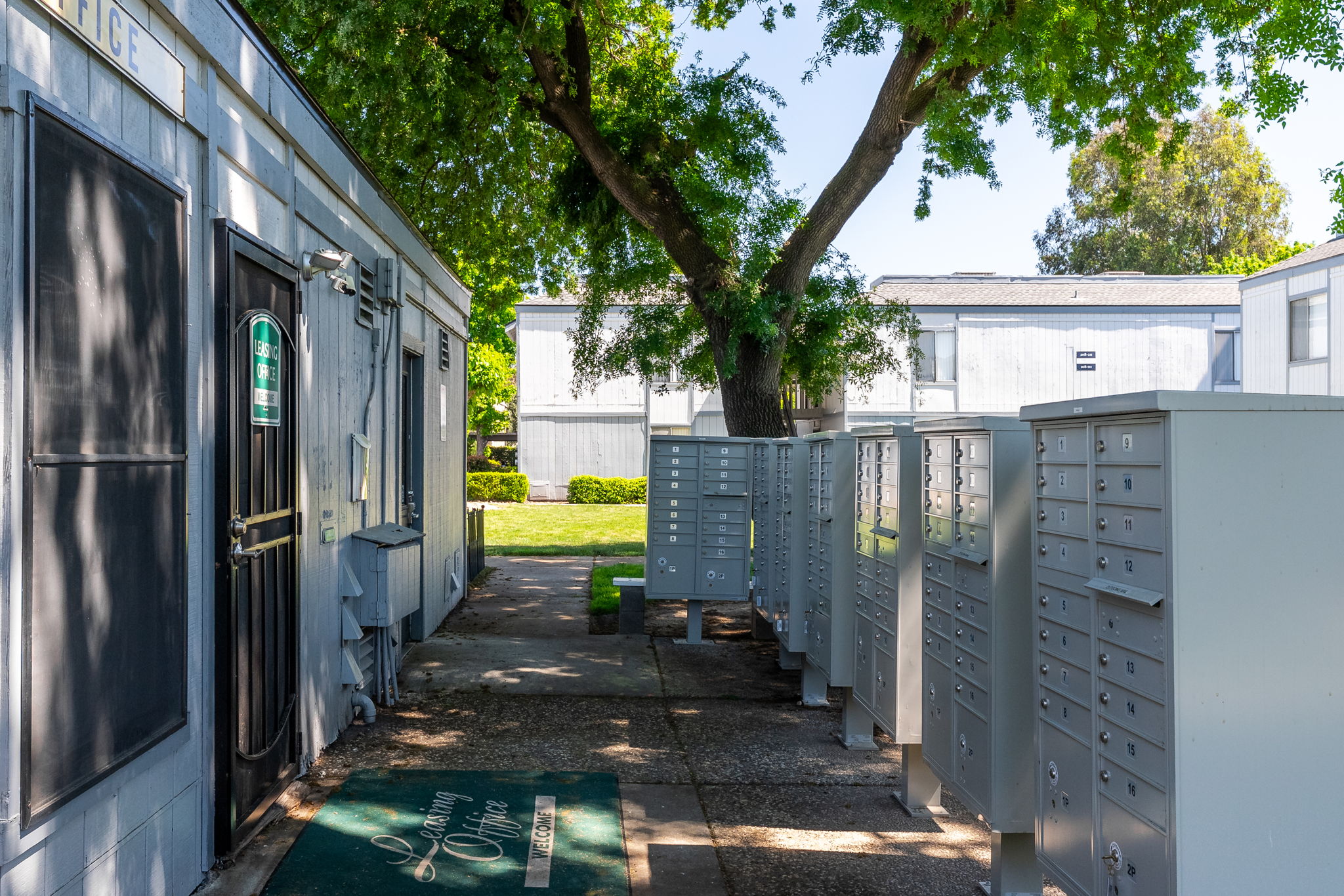 Row of gray outdoor mailboxes next to an office building, surrounded by green grass and trees. The area is well-lit with a clear blue sky visible above, creating a calm, residential atmosphere. The path leading to the office is marked by a welcome mat.