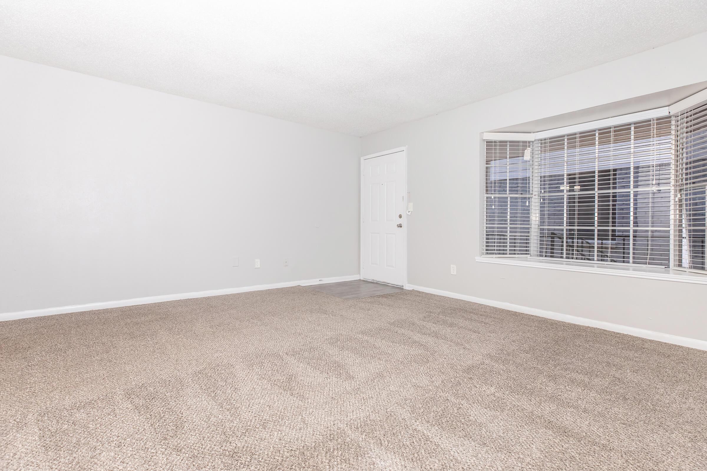 Empty room with light gray walls and beige carpet. A door is visible on the left side, leading to the outside, and a large window with blinds is on the right, allowing natural light into the space. The room has no furniture, creating a spacious and open feel.