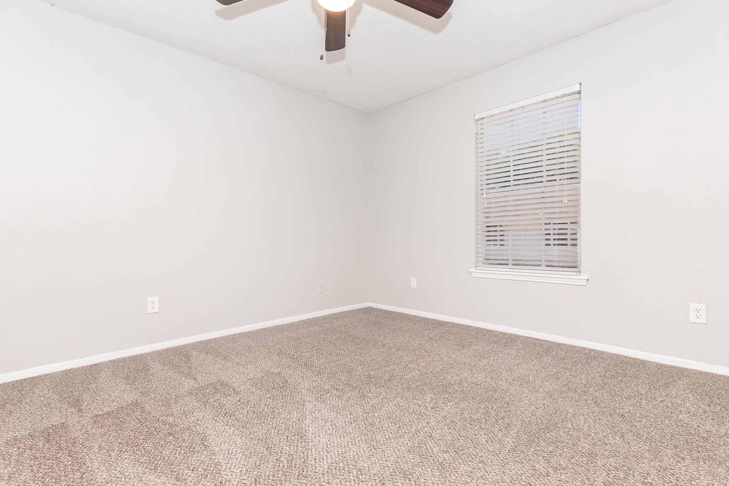 A spacious, empty room featuring light gray walls, beige carpet, and a ceiling fan. There's a single window with white blinds allowing natural light to enter, creating a bright atmosphere. The room has no furniture, highlighting its open layout and potential for various uses.