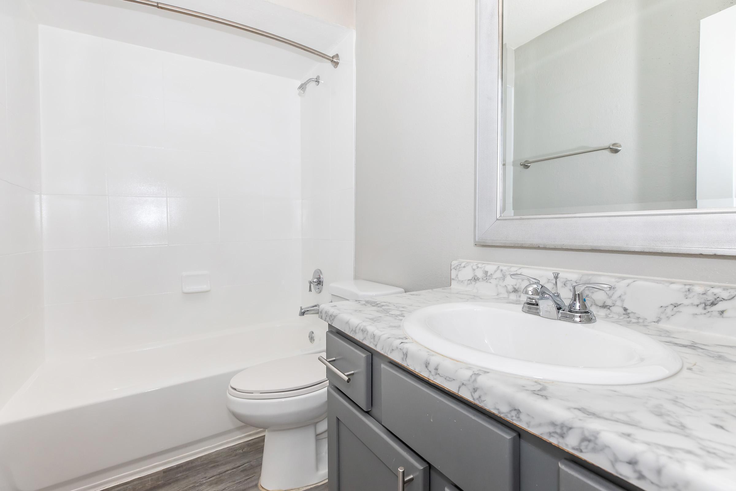 A clean bathroom featuring a white bathtub and shower, a modern sink with marble countertop, a mirror above the sink, and gray cabinetry. The walls are painted in a light shade, creating a bright and airy atmosphere.