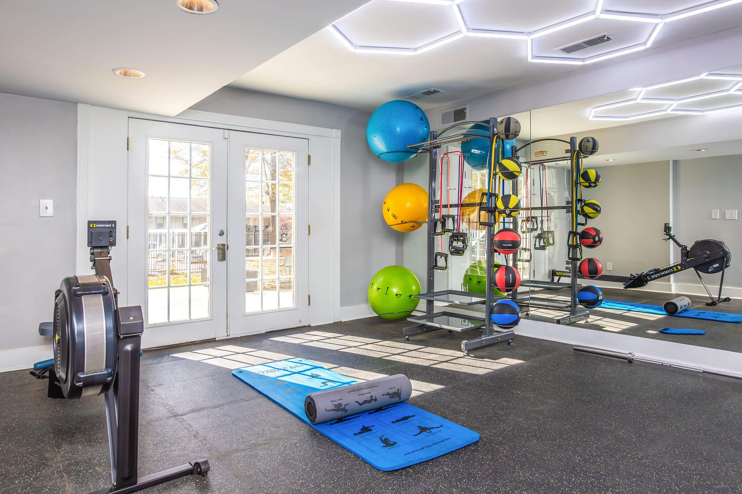 A modern home gym featuring a rowing machine, exercise mats, and various colorful exercise balls and weights. Bright natural light comes through double glass doors, illuminating the space with a stylish hexagonal ceiling design and mirrors reflecting the workout area.