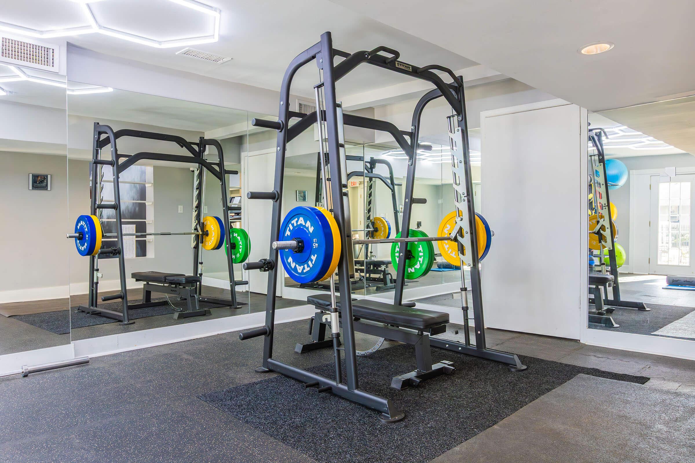 A well-equipped gym space featuring a power rack with a barbell and colorful weight plates. The area includes a bench for weight training and mirrors that reflect the workout station. The floor is covered with dark rubber mats, enhancing the fitness environment.