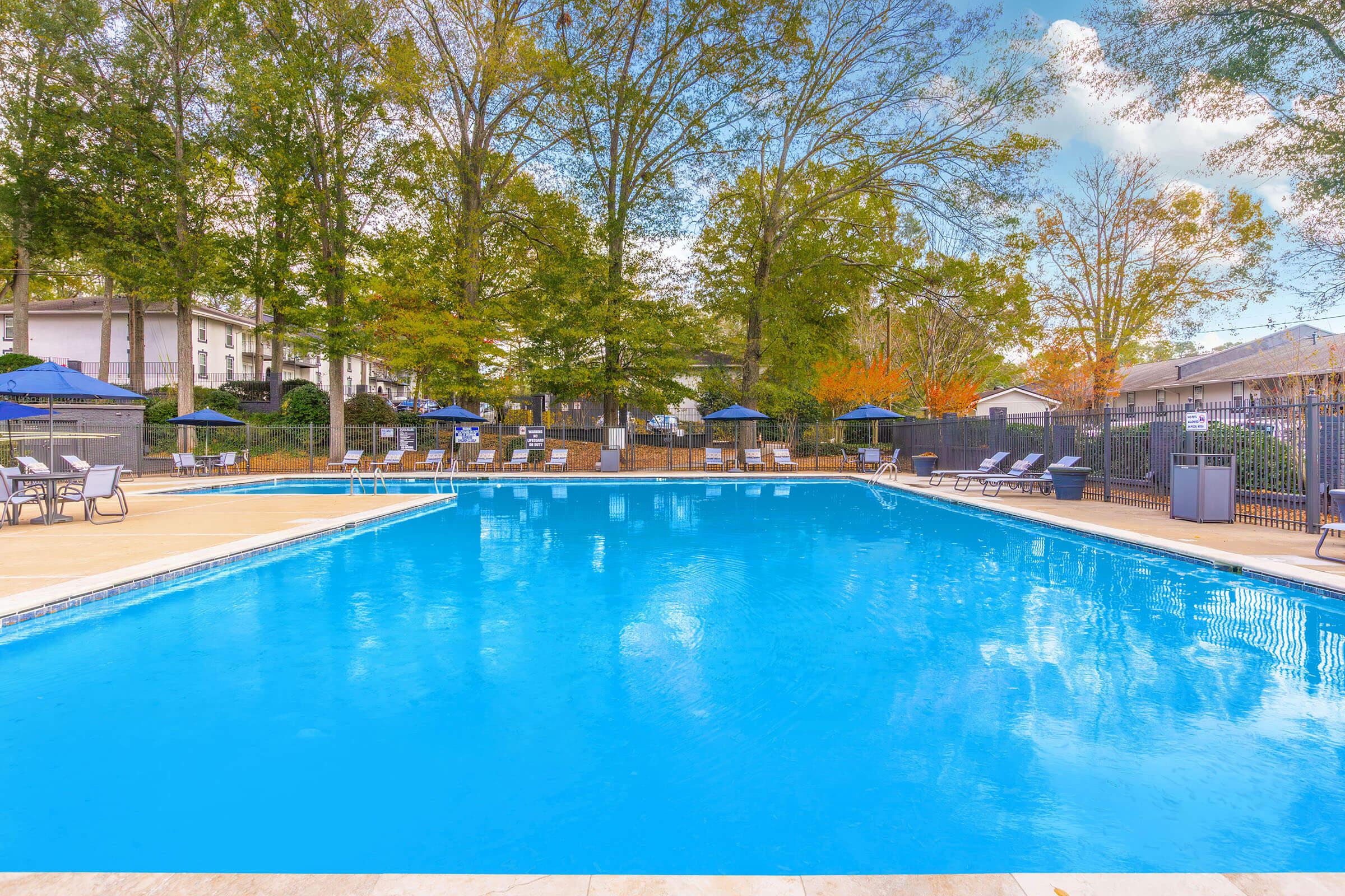 A sunny outdoor swimming pool surrounded by lounge chairs and patio umbrellas, with trees and a residential building in the background. The water is clear and inviting, reflecting the blue sky and autumn foliage.
