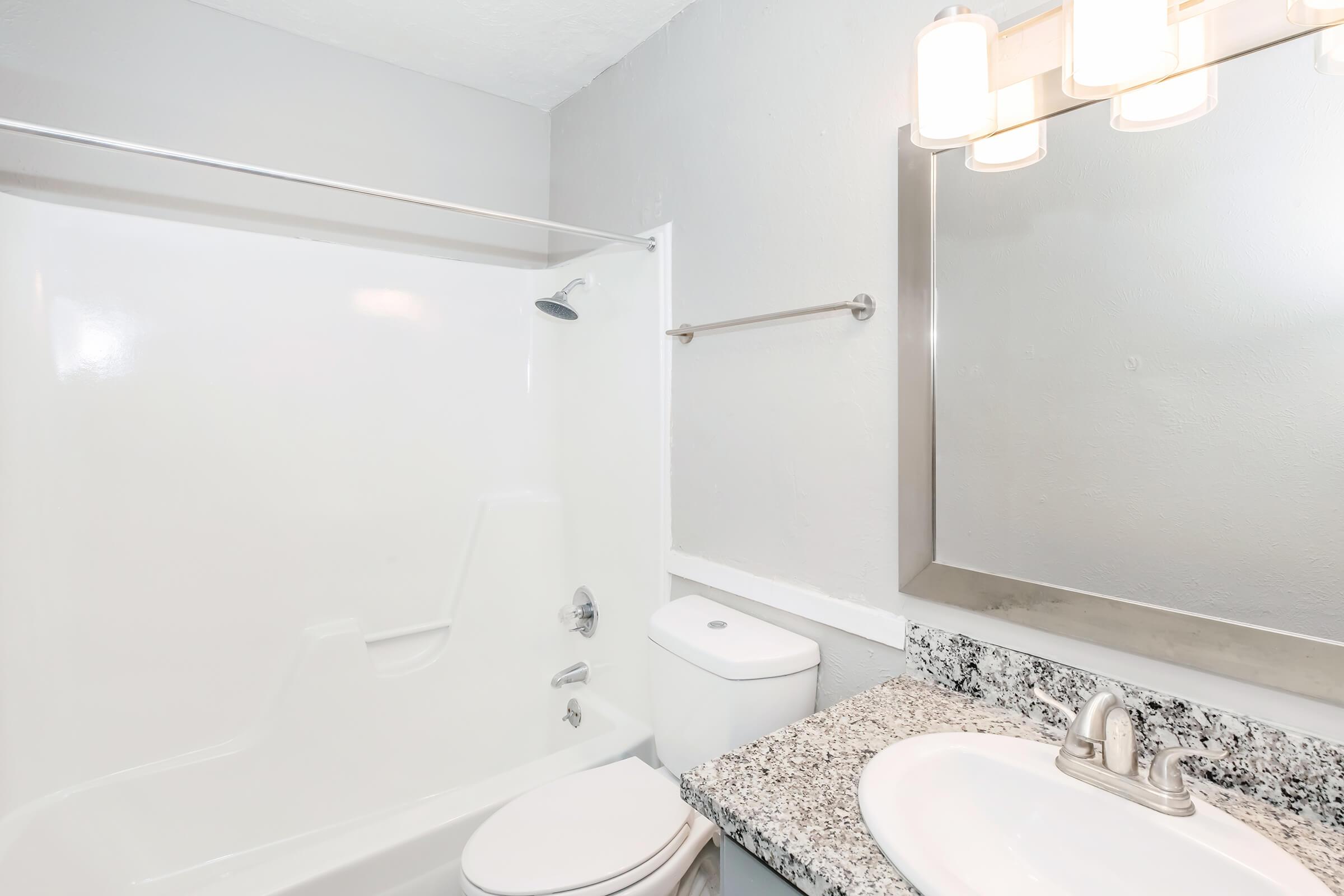 A clean and modern bathroom featuring a white bathtub with shower, a toilet, and a granite countertop with a sink. A large mirror is mounted above the sink, and a light fixture with multiple bulbs is installed above the mirror, providing bright illumination. The walls are painted light gray.