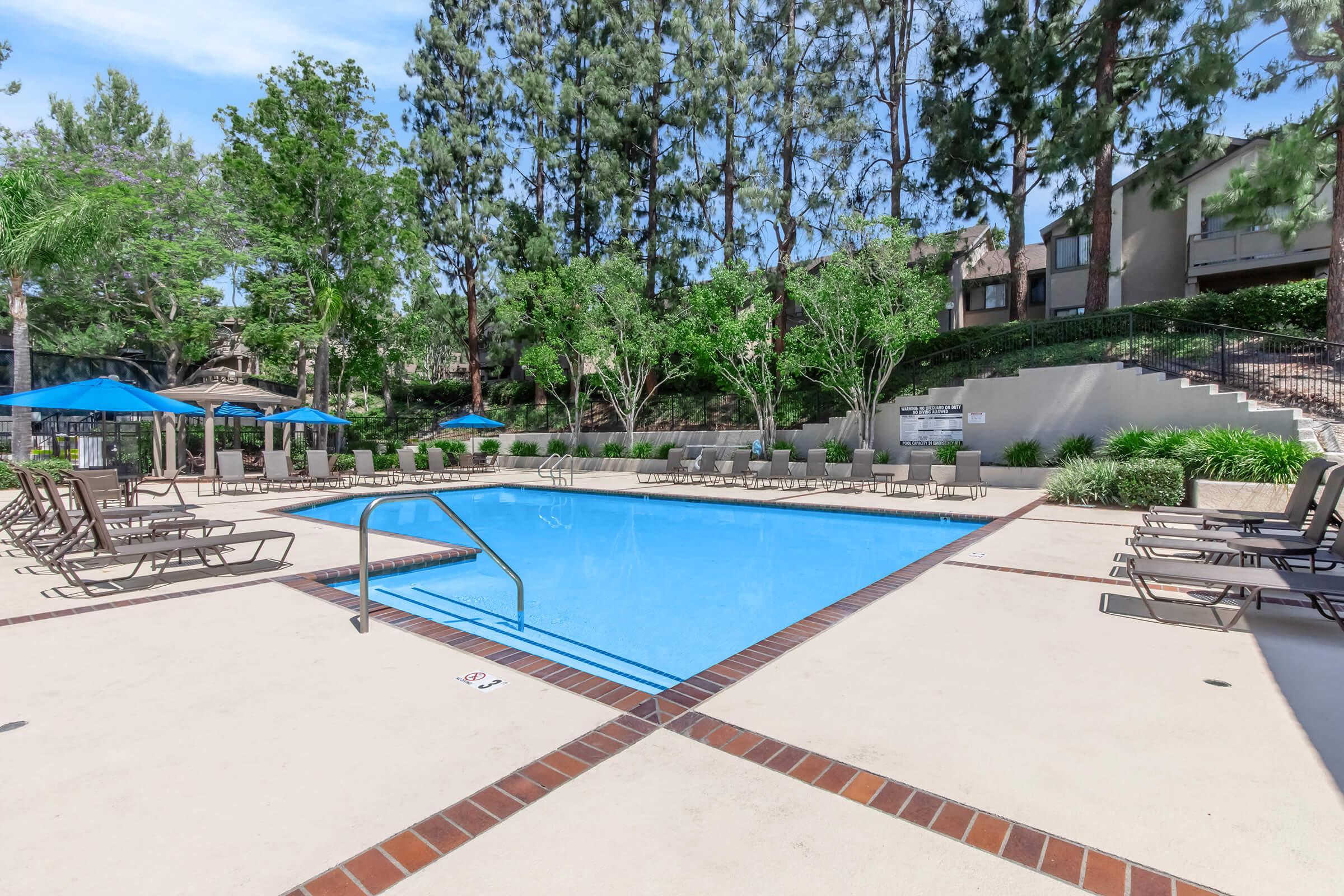 A swimming pool surrounded by lounge chairs and umbrellas, set against a backdrop of tall trees and green landscaping. The pool area is well-maintained, with a clear blue water surface and a spacious deck area for relaxation.
