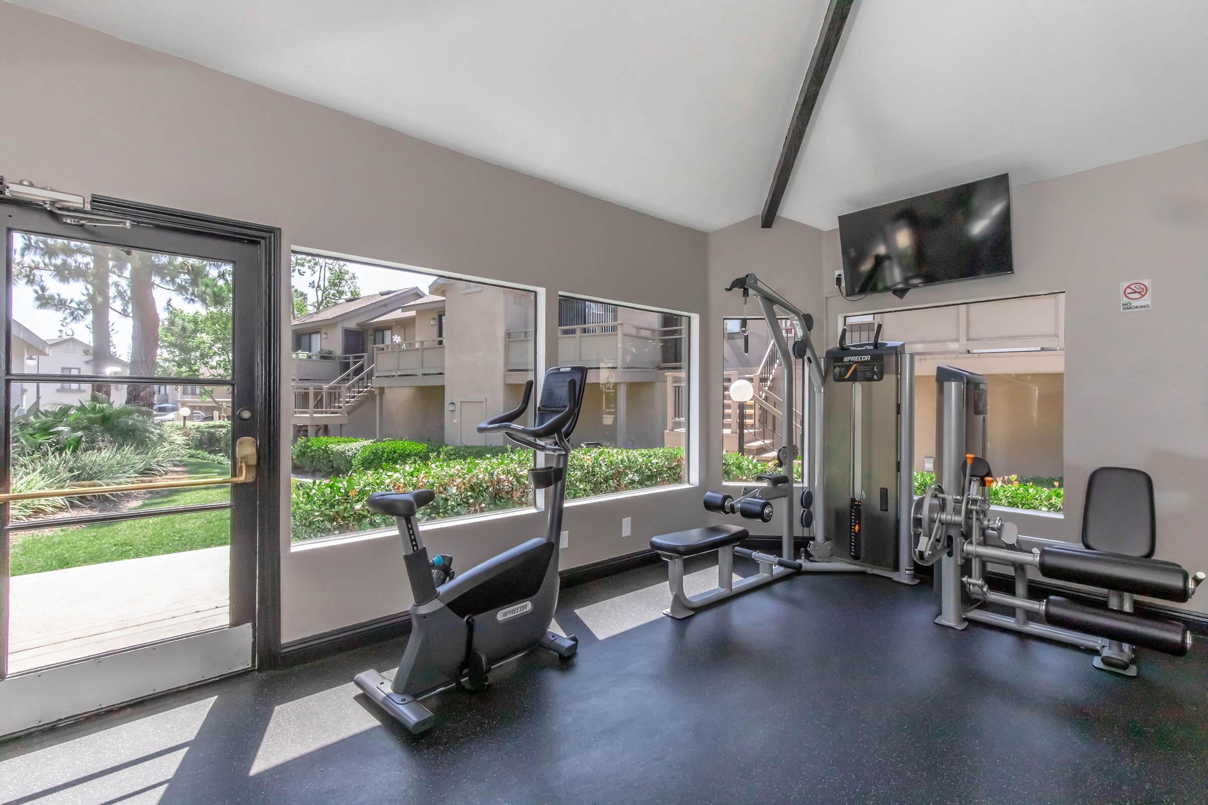 A well-lit fitness room featuring exercise equipment, including a stationary bike, weight machine, and a treadmill. Large windows provide a view of outdoor greenery, and a flat-screen TV is mounted on the wall. The space is clean and modern, ideal for workouts.