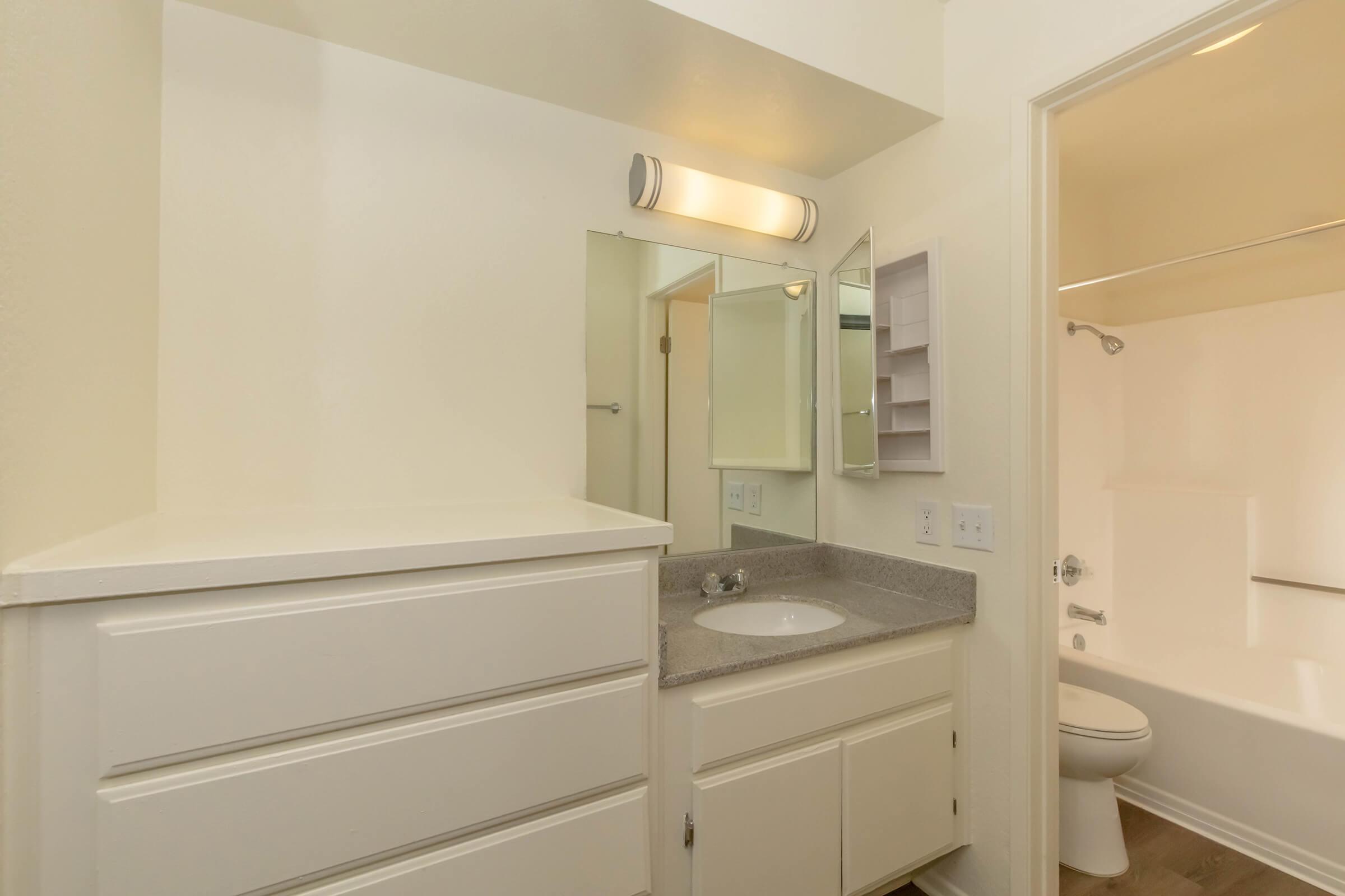 A clean and modern bathroom featuring a light-colored countertop with a sink, a large mirror, and storage cabinets. To the right, a toilet is visible, and in the background, there's a shower stall. The walls are painted in a neutral tone, enhancing the space's brightness.