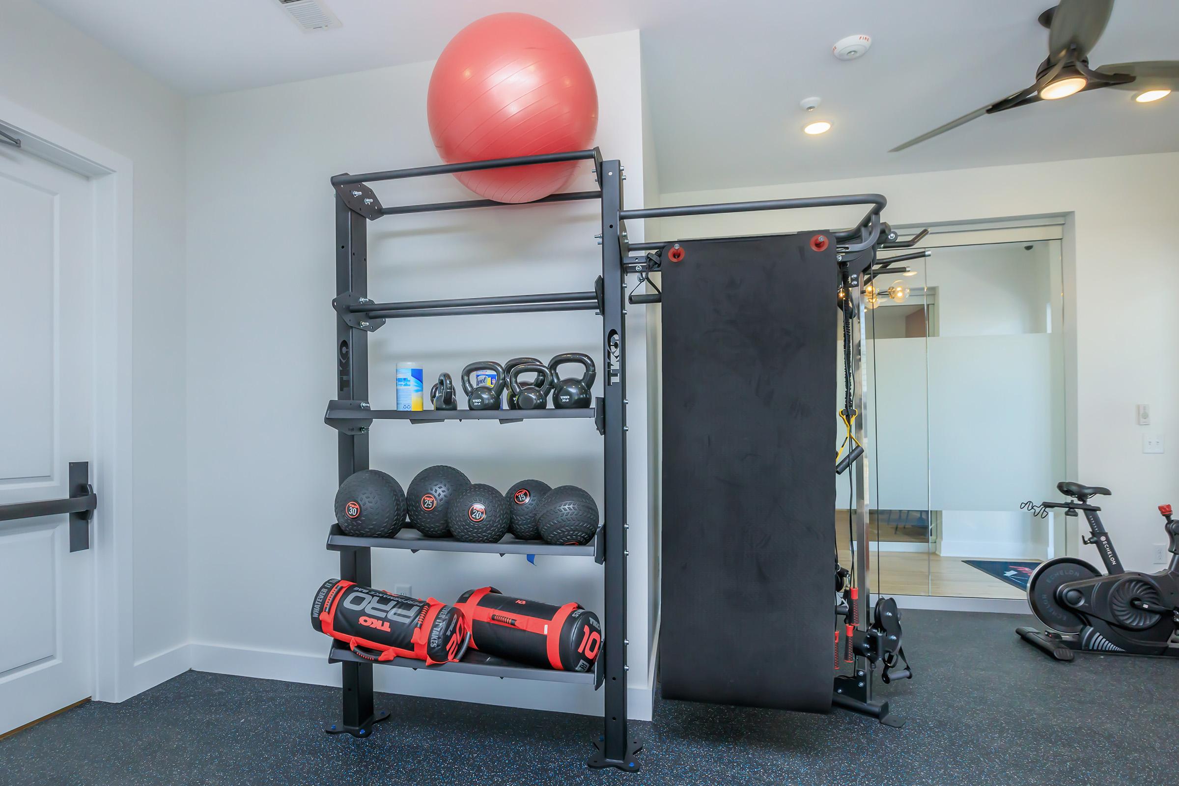 A well-equipped home gym featuring a rack with kettlebells, dumbbells, a stability ball, and resistance bands. The space is modern and well-lit, with a black exercise mat and exercise bike visible in the background. Ideal for various workout routines and fitness activities.